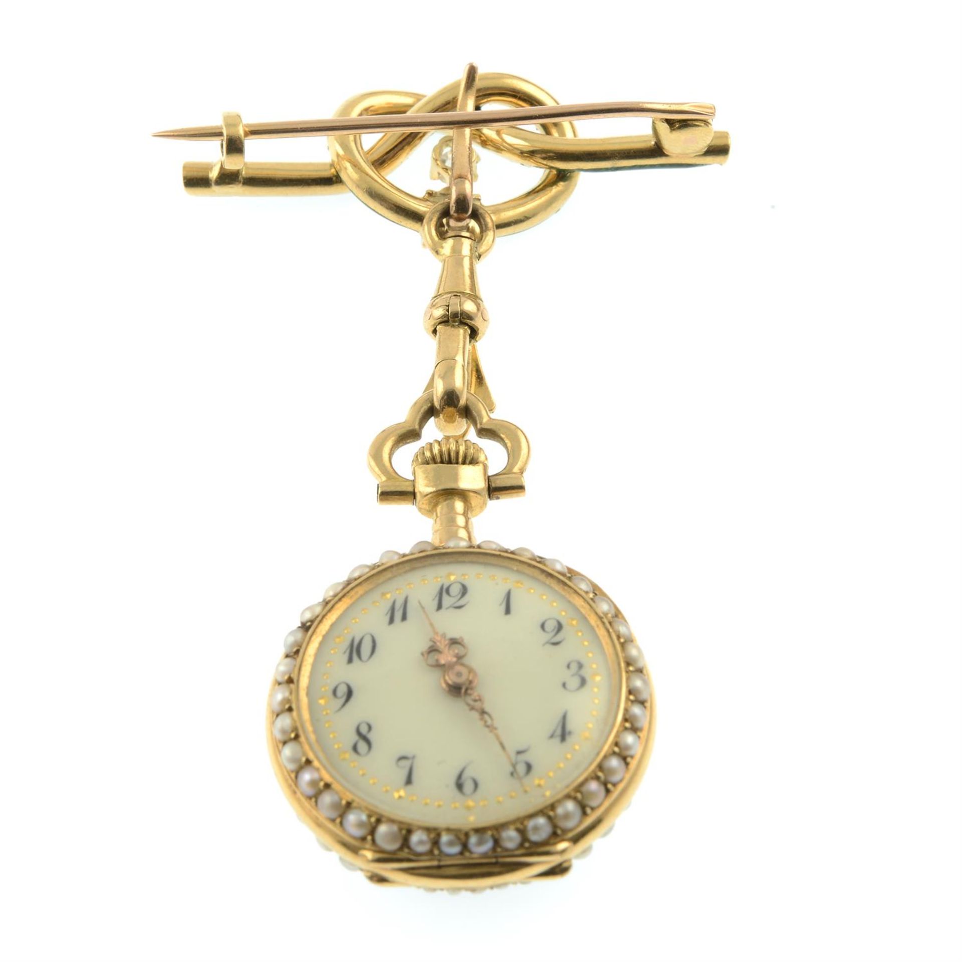 A late Victorian gold rose and old-cut diamond, split pearl and green enamel shamrock fob watch, - Image 3 of 4