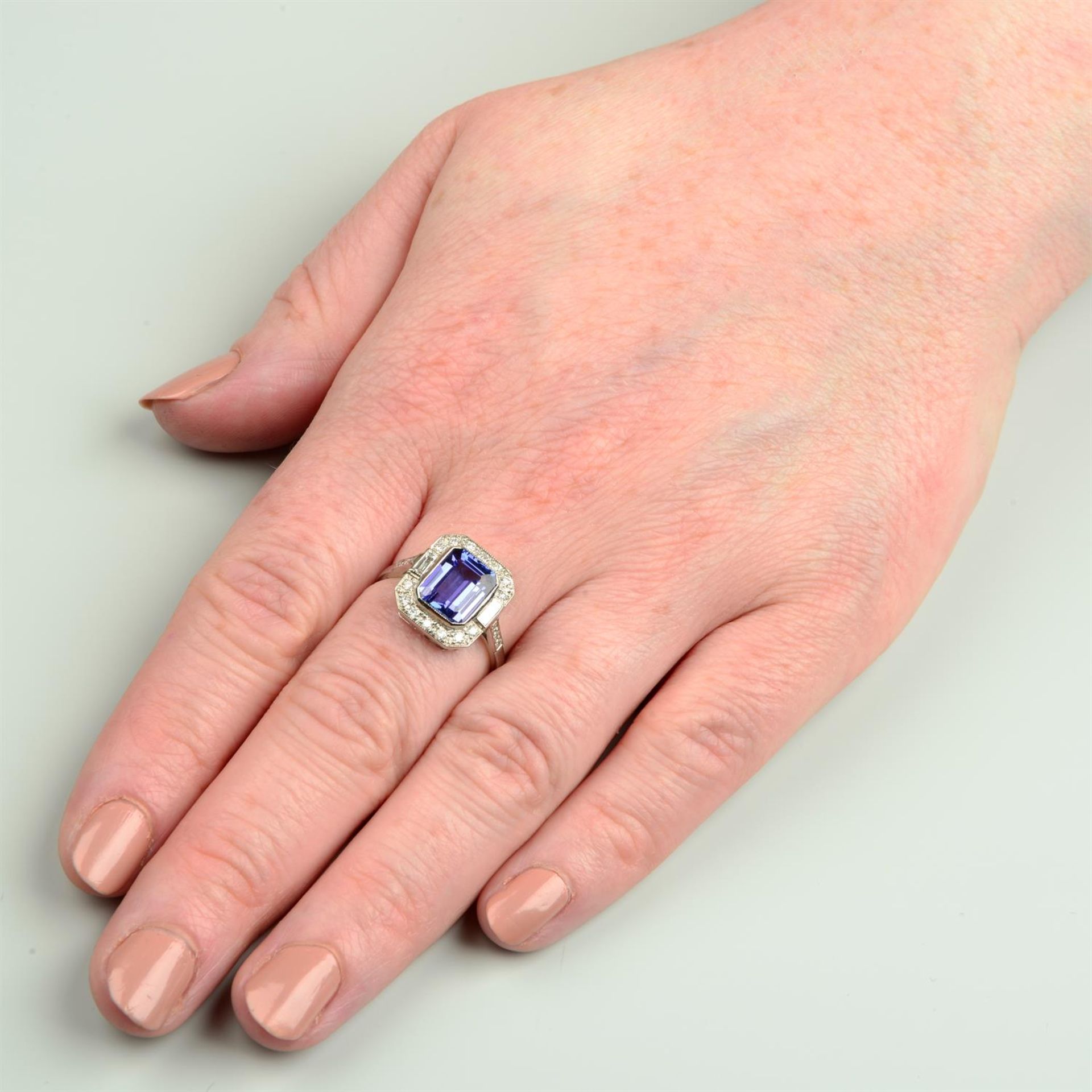 A tanzanite, baguette and brilliant-cut diamond geometric dress ring, - Image 4 of 4