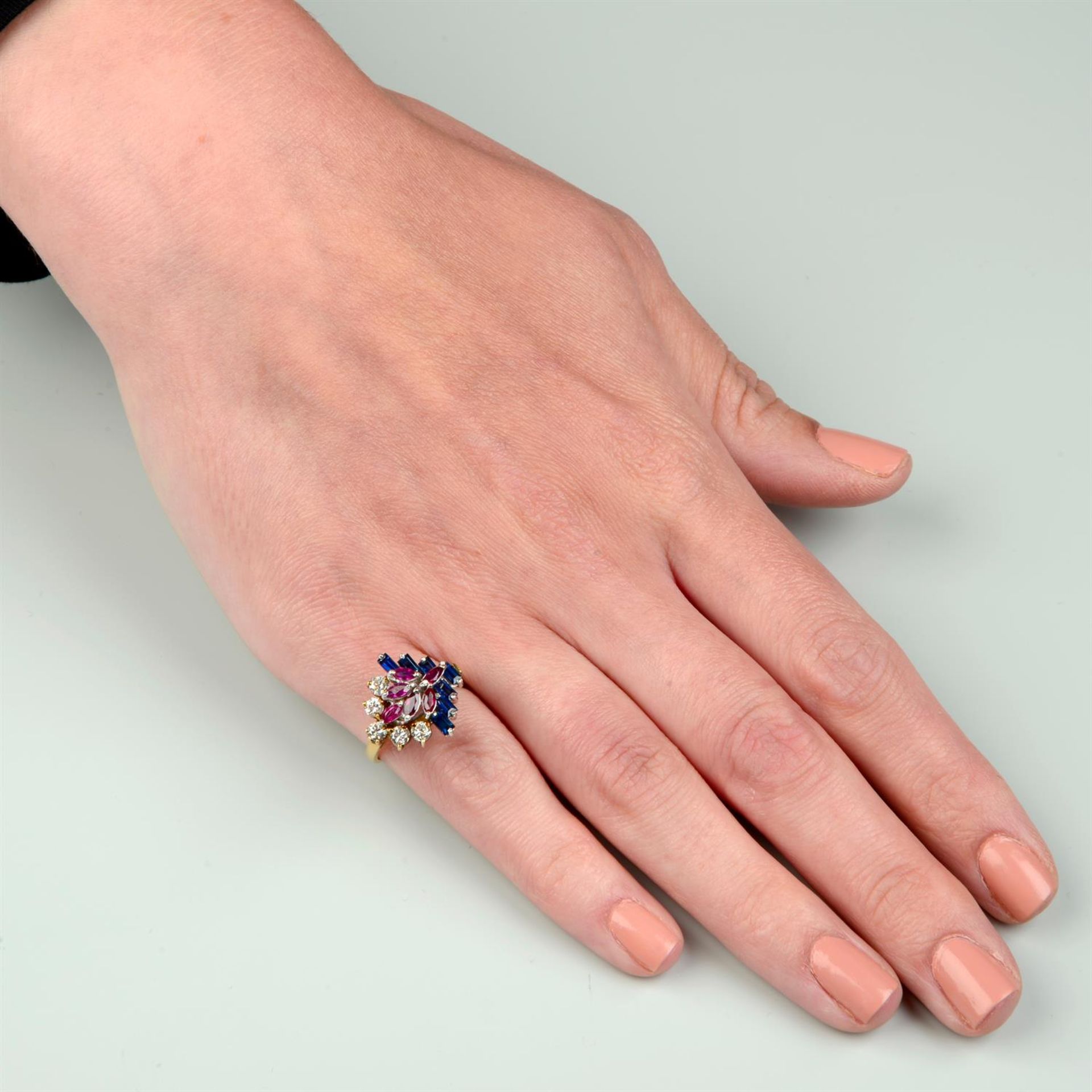 A mid 20th century 18ct gold sapphire, ruby and brilliant-cut diamond dress ring. - Image 5 of 5