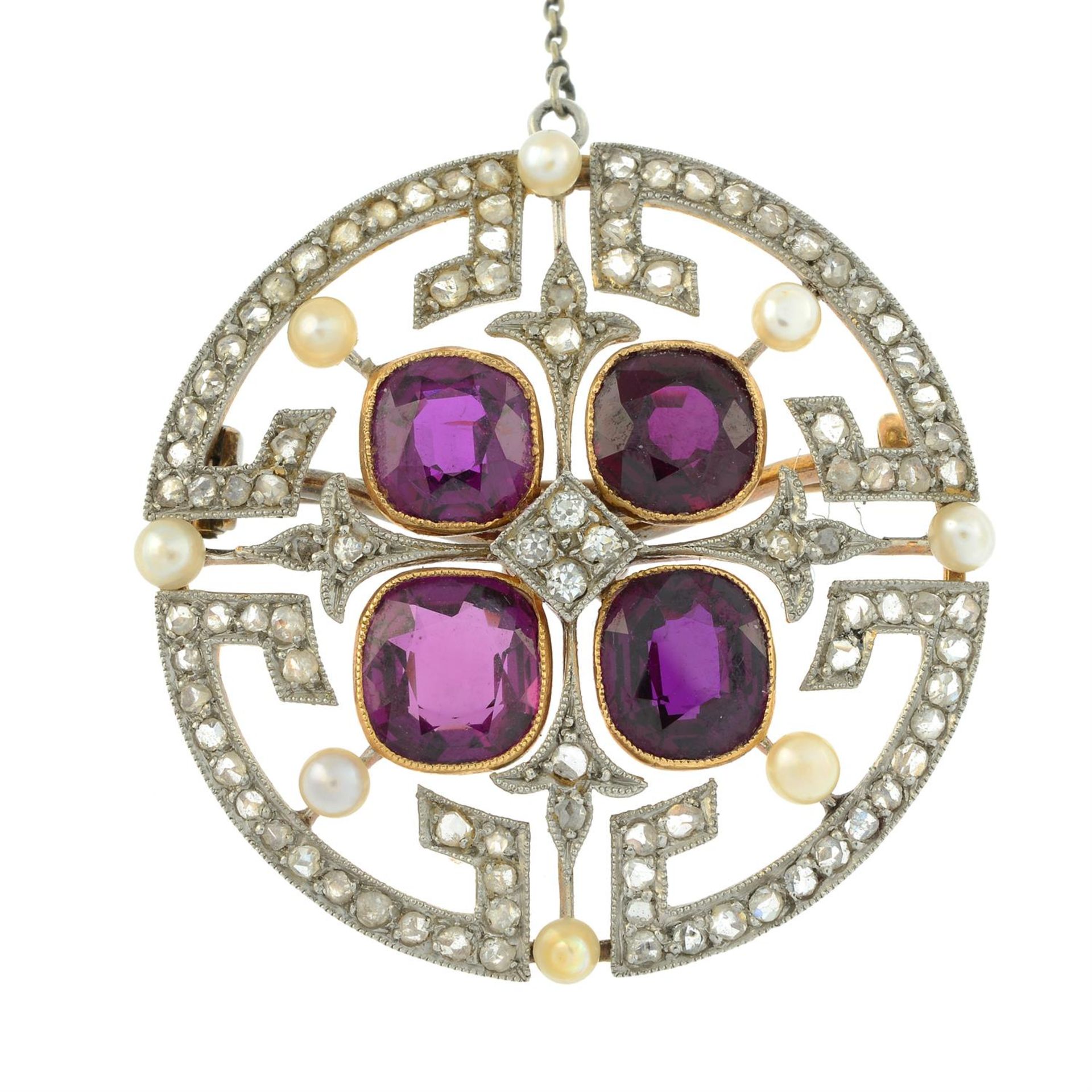 An Edwardian platinum and 15ct gold ruby, seed pearl and vari-cut diamond geometric brooch. - Bild 2 aus 4