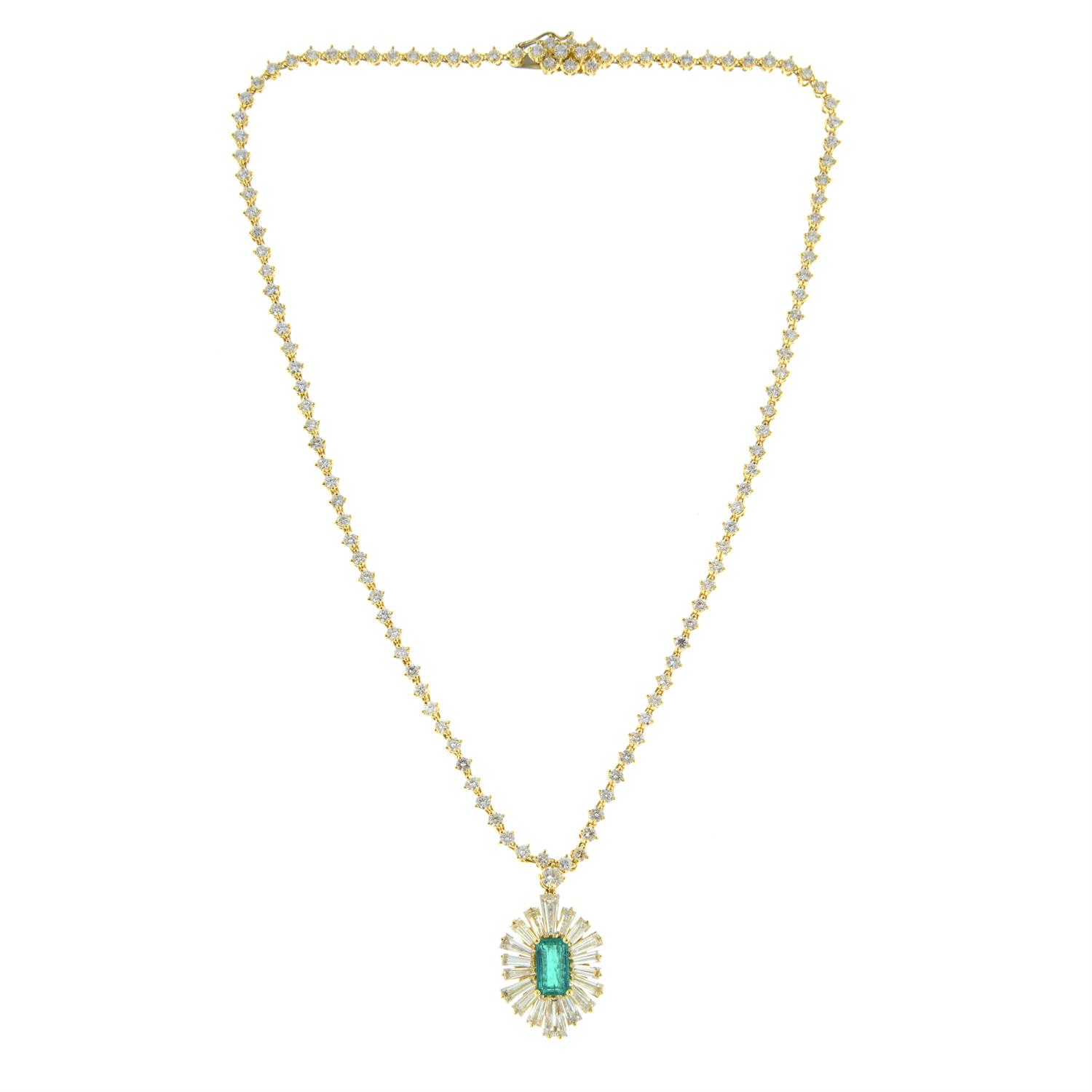 An emerald and tapered baguette-cut diamond pendant, on brilliant-cut diamond chain. - Image 4 of 5