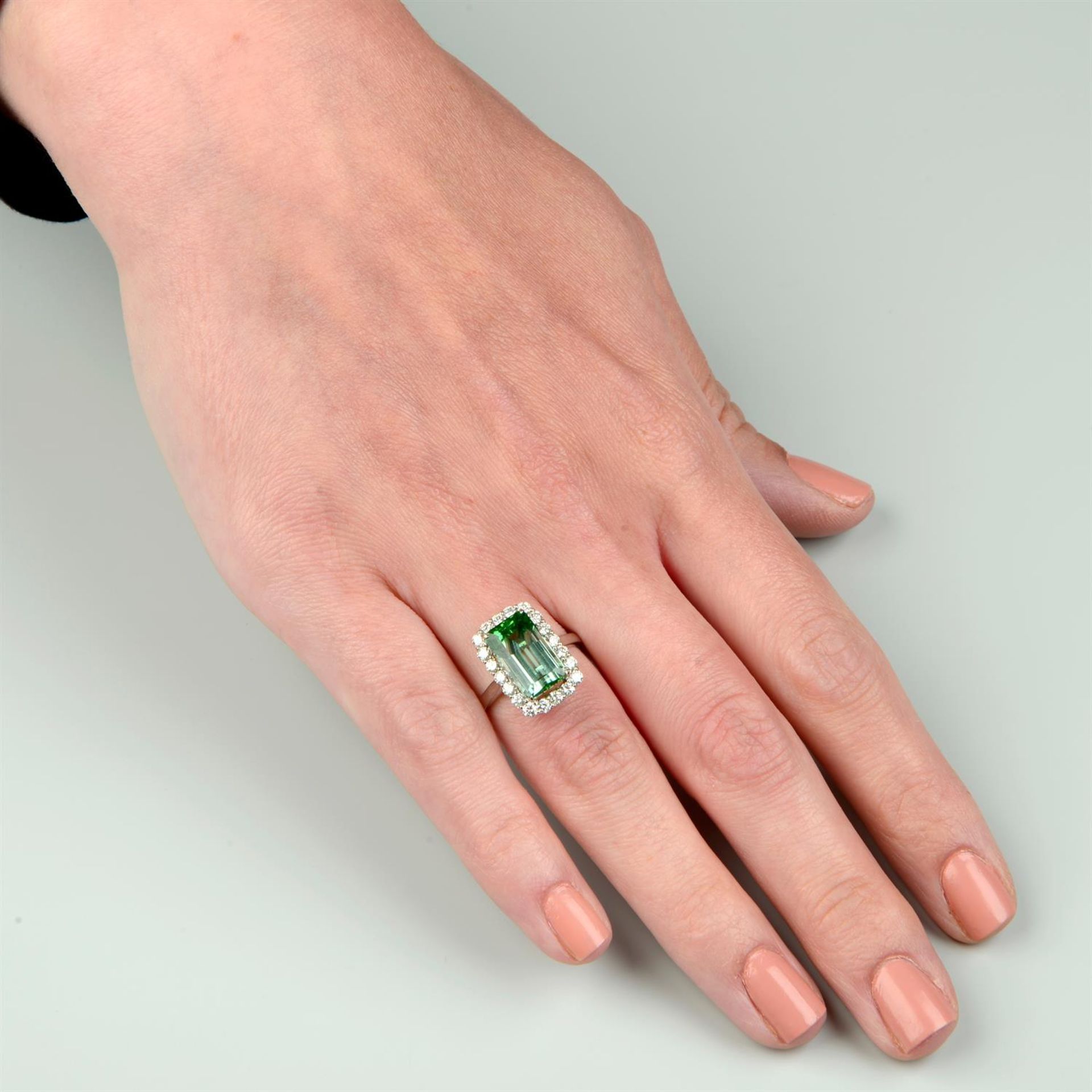 A green tourmaline and brilliant-cut diamond cluster ring. - Image 5 of 5