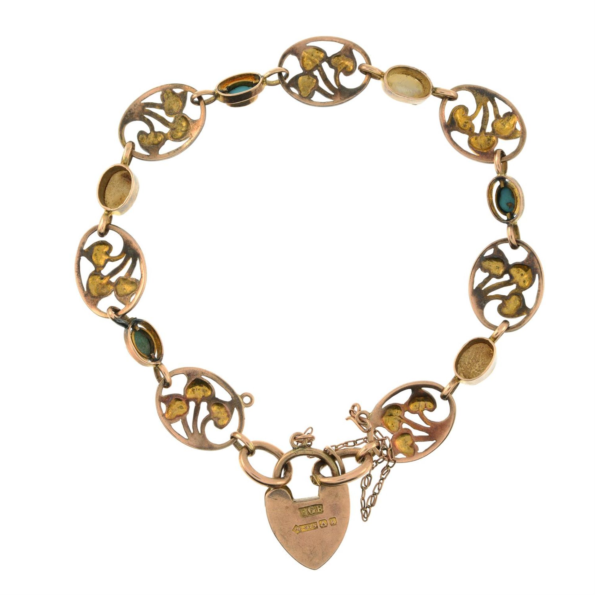An Edwardian Art Nouveau 9ct gold turquoise and blister pearl foliate bracelet, with padlock clasp. - Image 3 of 3