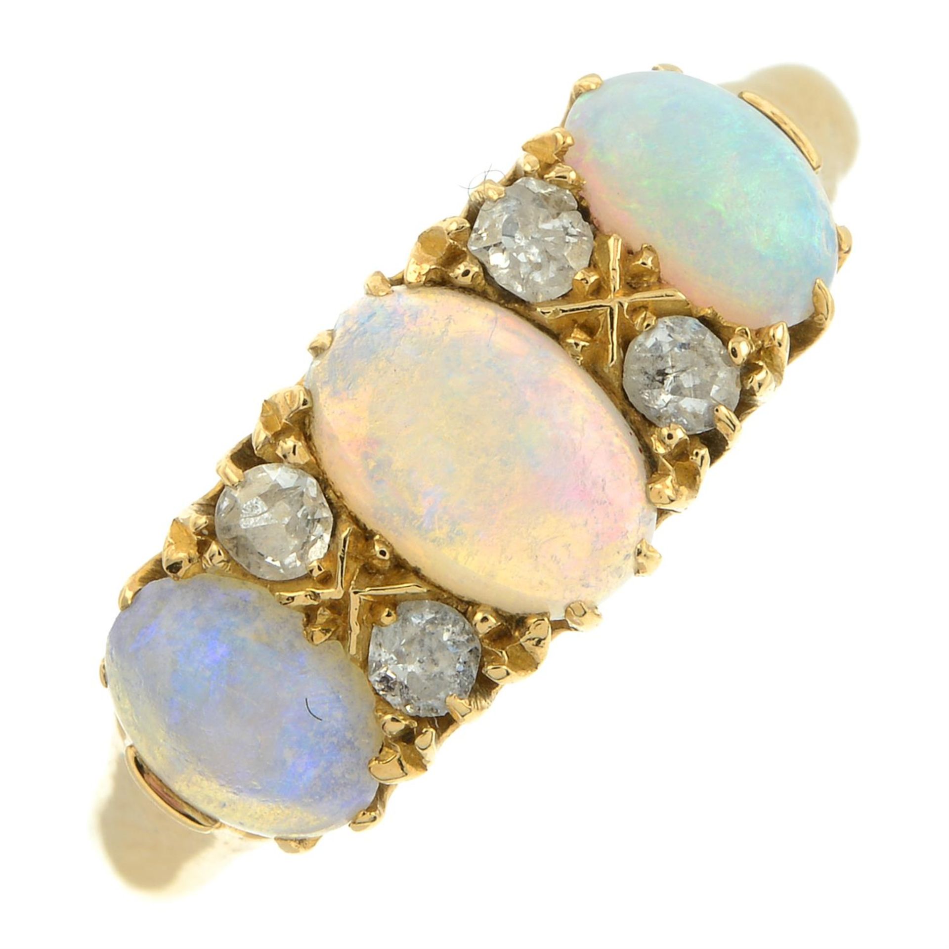 A late Victorian 18ct gold opal three-stone ring, with old-cut diamond spacers. - Image 2 of 5