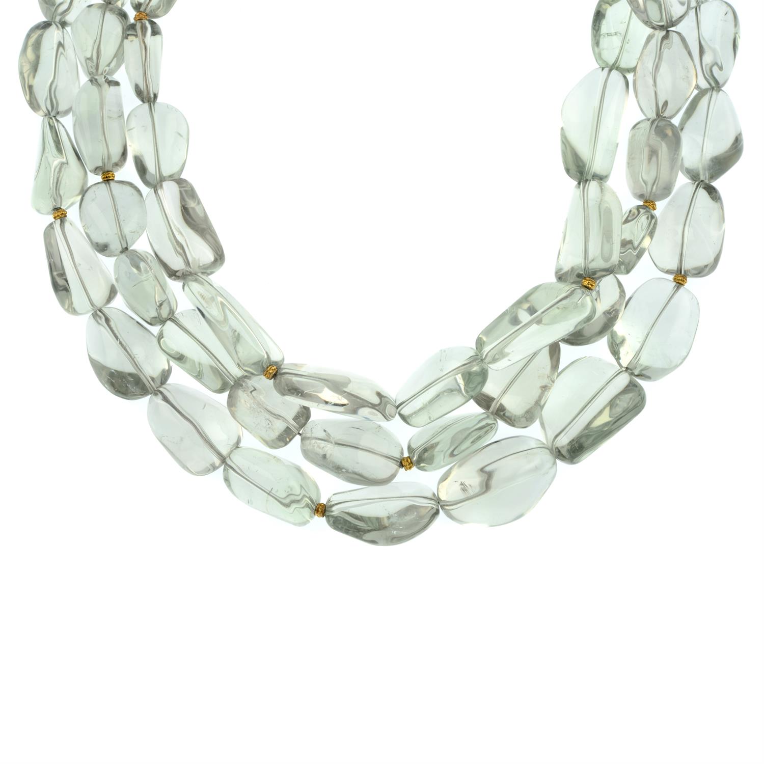 A green beryl three-strand beaded necklace, with 18ct gold clasp and spacers, by Kiki McDonough. - Image 3 of 4