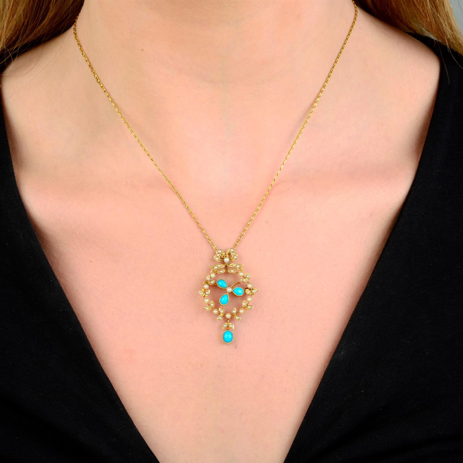 An early 20th century 15ct gold turquoise, split and seed pearl floral pendant, with 9ct gold - Image 5 of 5