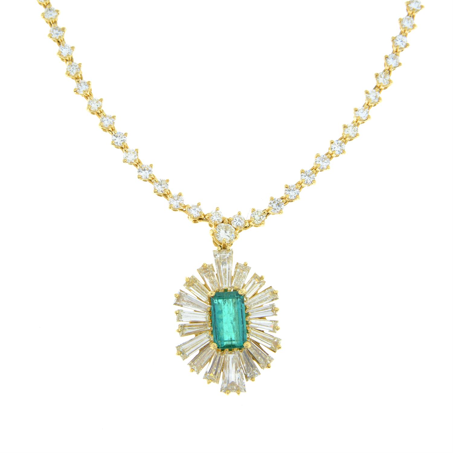 An emerald and tapered baguette-cut diamond pendant, on brilliant-cut diamond chain. - Image 2 of 5