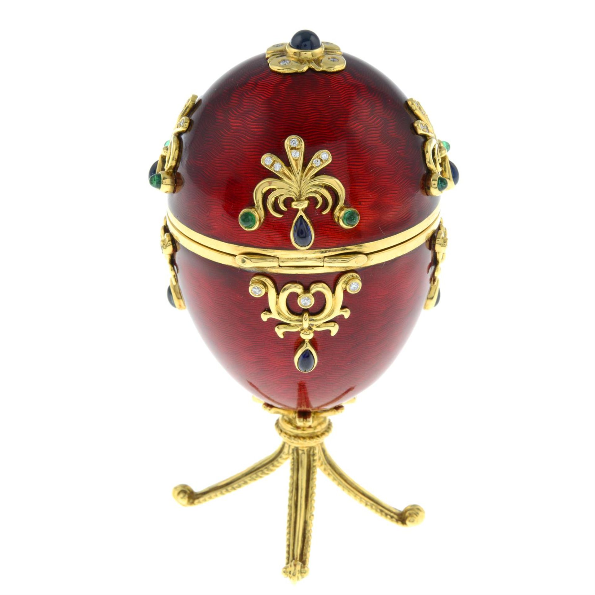 A limited edition red enamel and multi-gem egg sculpture, with hinged portrait interior, - Image 3 of 7