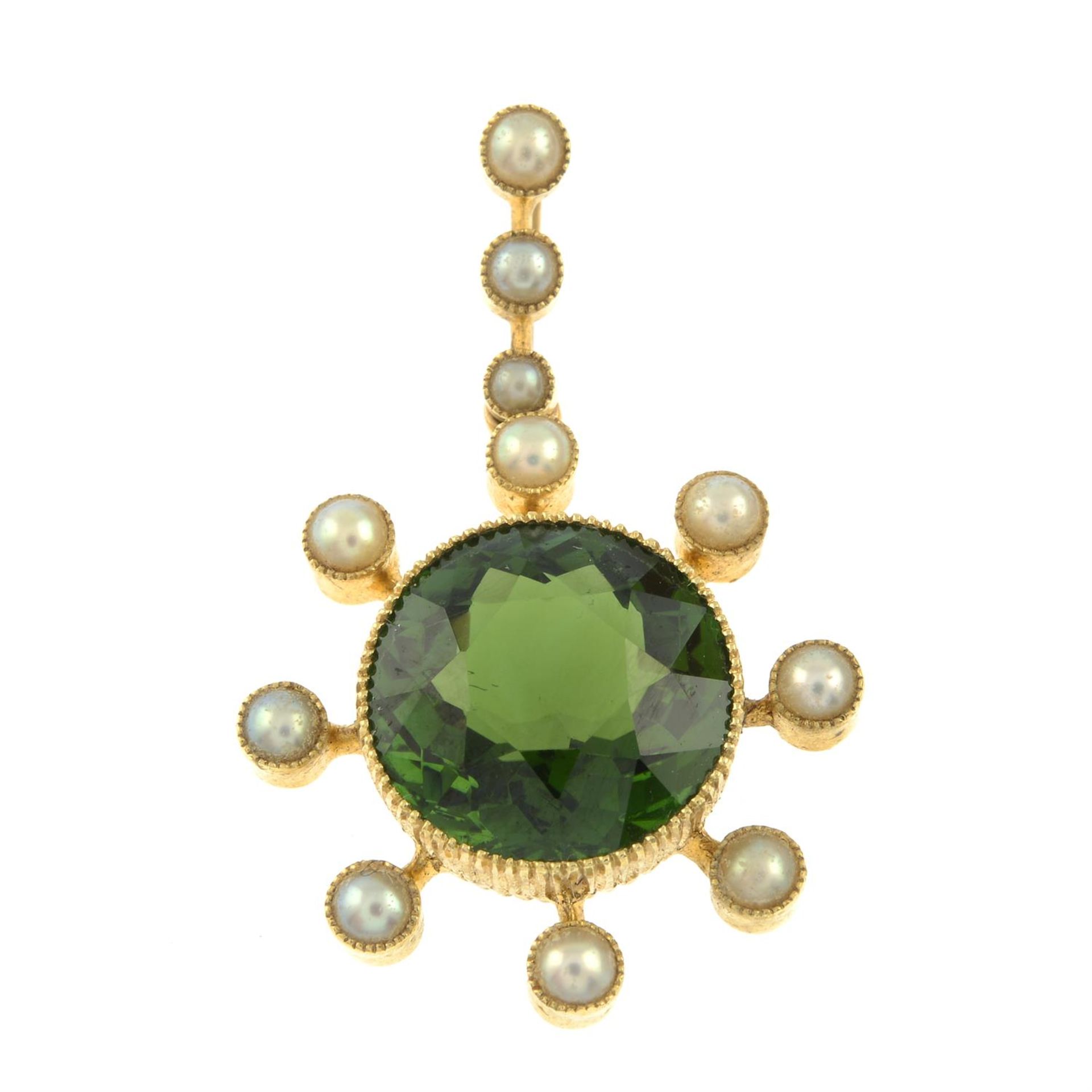 A late Victorian 15ct gold green tourmaline and split pearl pendant. - Image 2 of 4