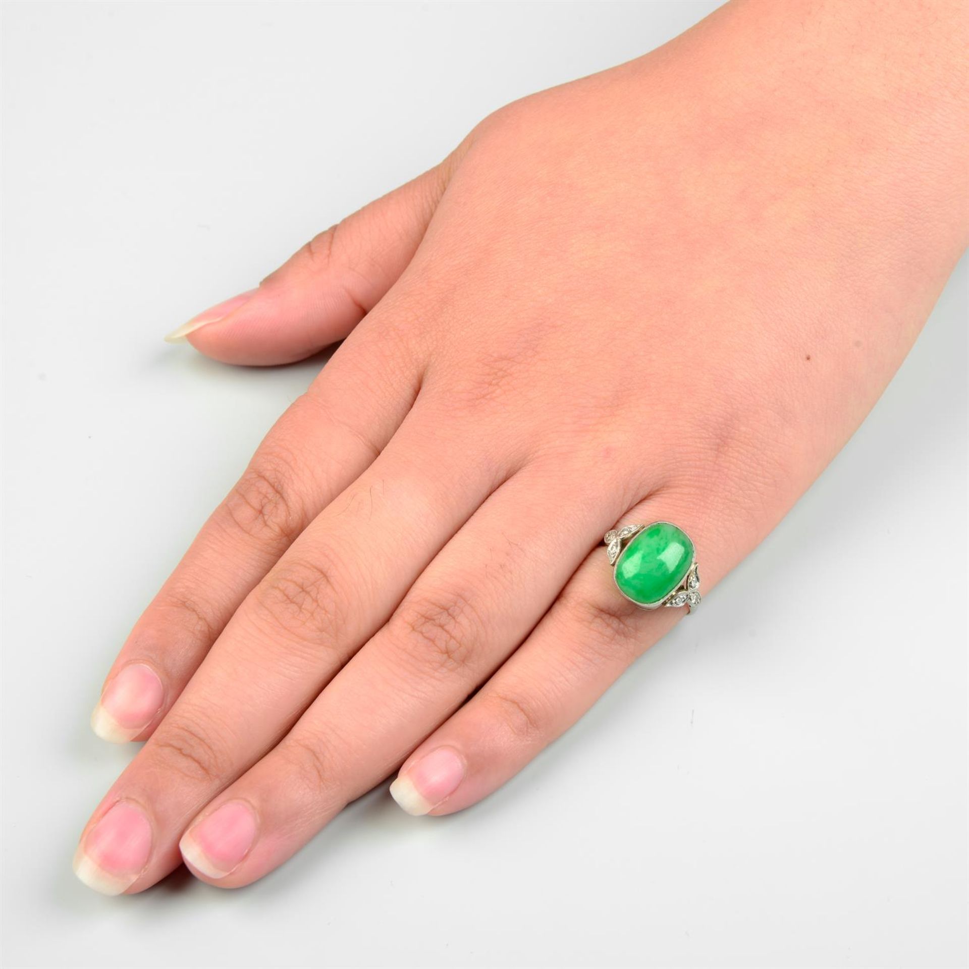 An early to mid 20th century platinum and 18ct gold jadeite jade ring, with single-cut diamond - Image 5 of 5