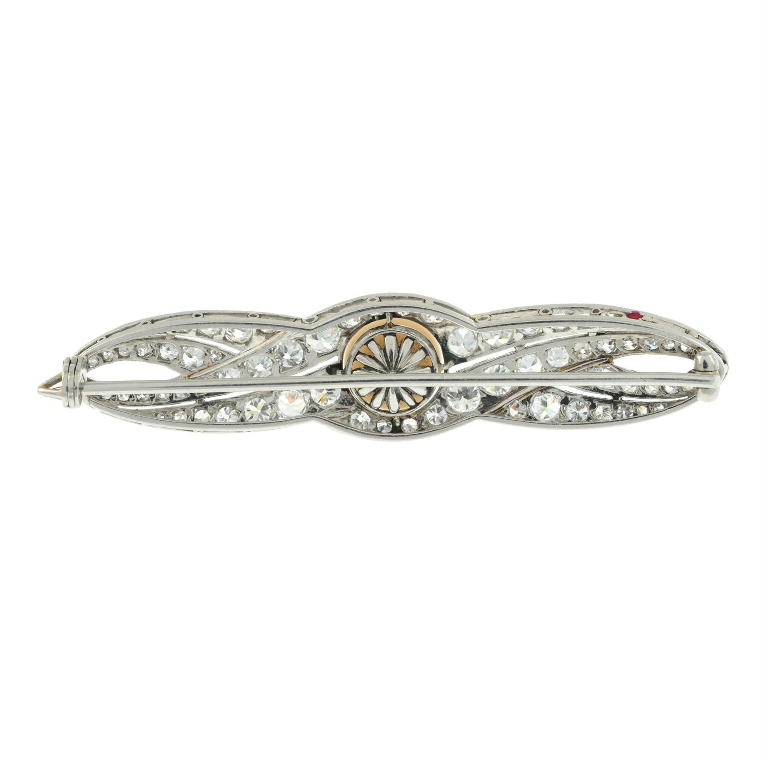 An early 20th century platinum natural pearl and circular-cut diamond brooch. - Image 3 of 4