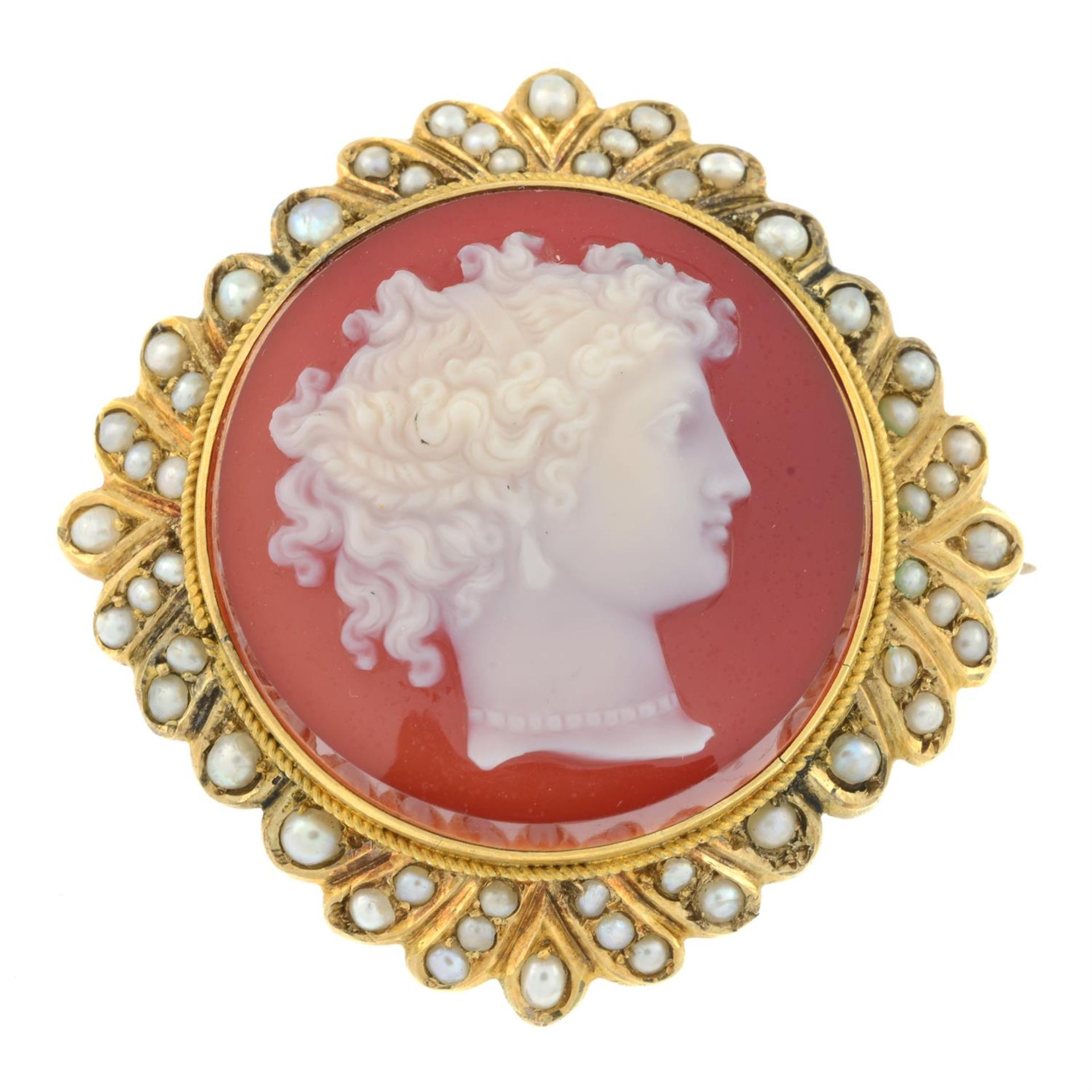 A late 19th century sardonyx cameo brooch, with split pearl surround. - Image 2 of 4