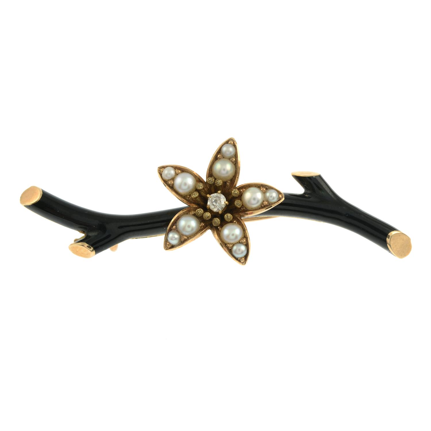 A late 19th century 14ct gold old-cut diamond and split pearl flowering black enamel branch brooch. - Image 2 of 4