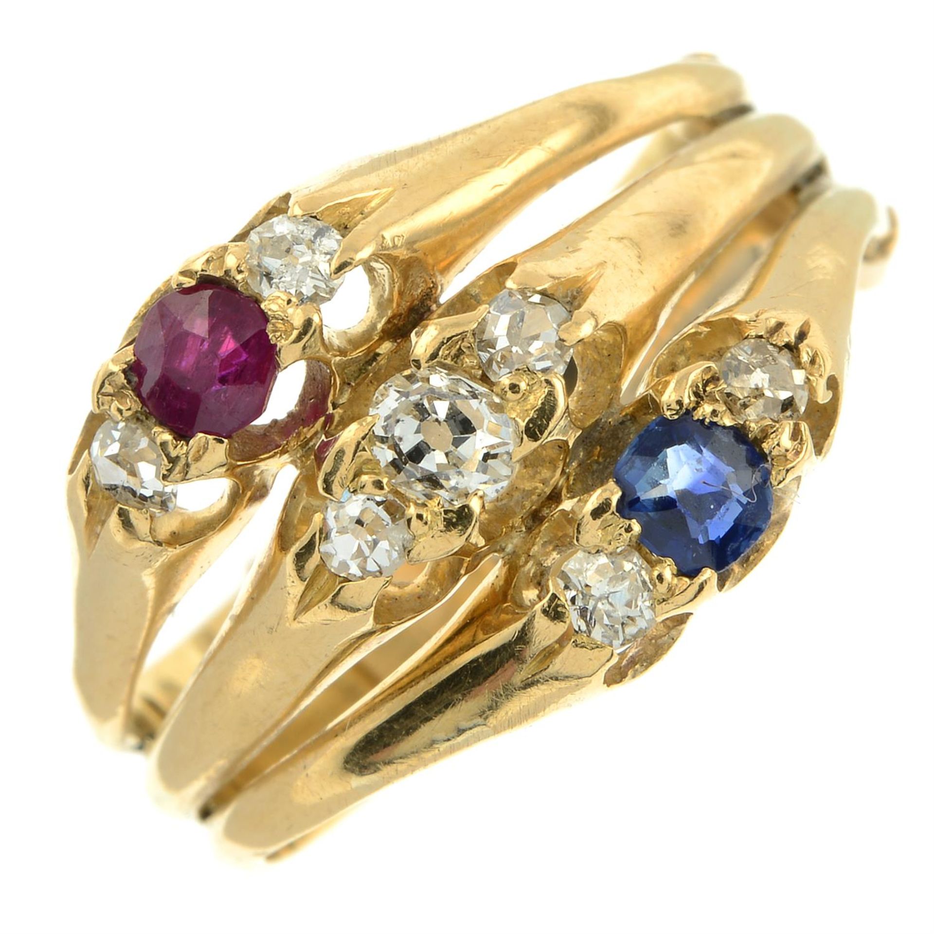 An early 20th century 18ct gold ruby, diamond and sapphire patriotic ring. - Image 2 of 5