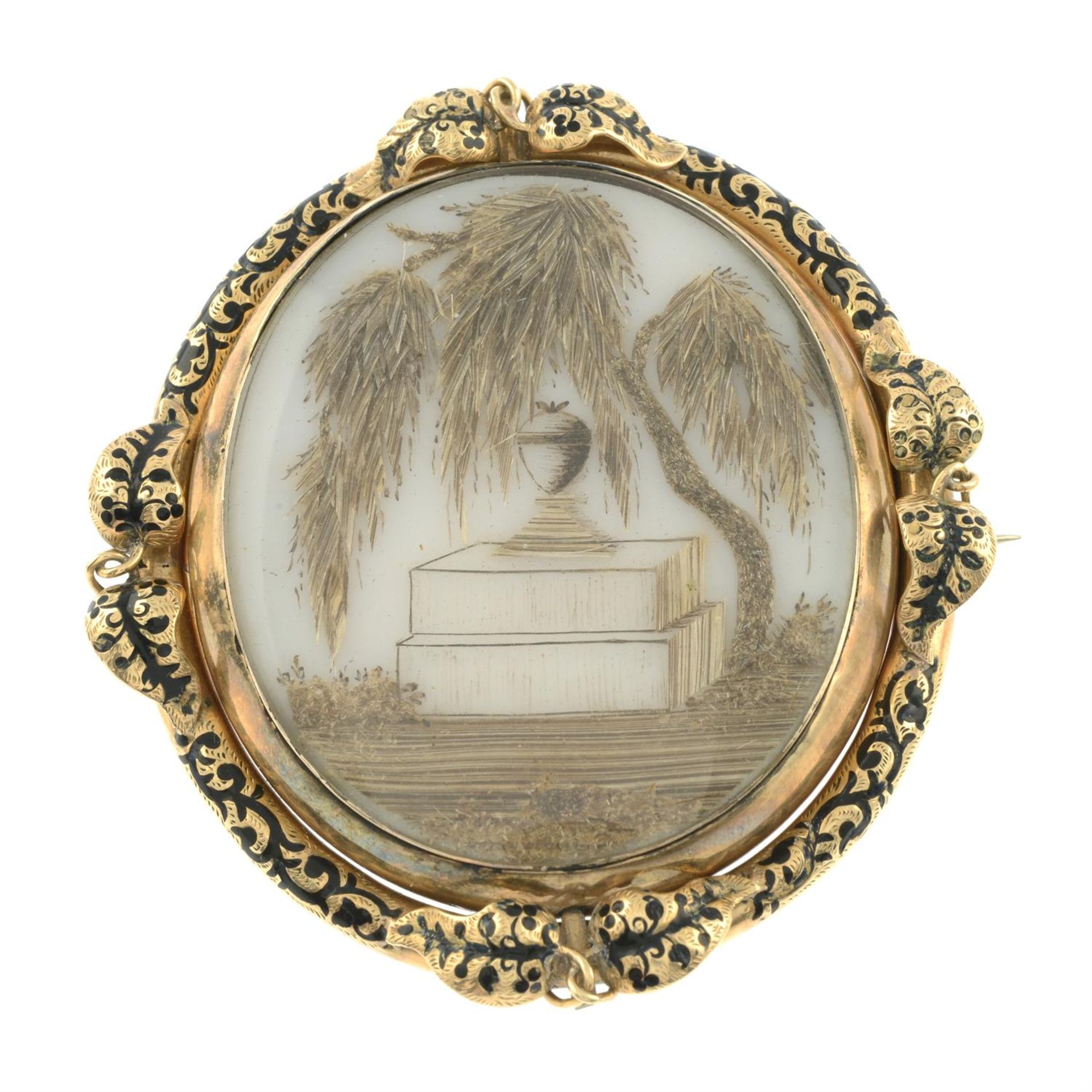A late Victorian gold memorial swivel brooch, the urn and weeping willow hairwork panel, - Bild 2 aus 4