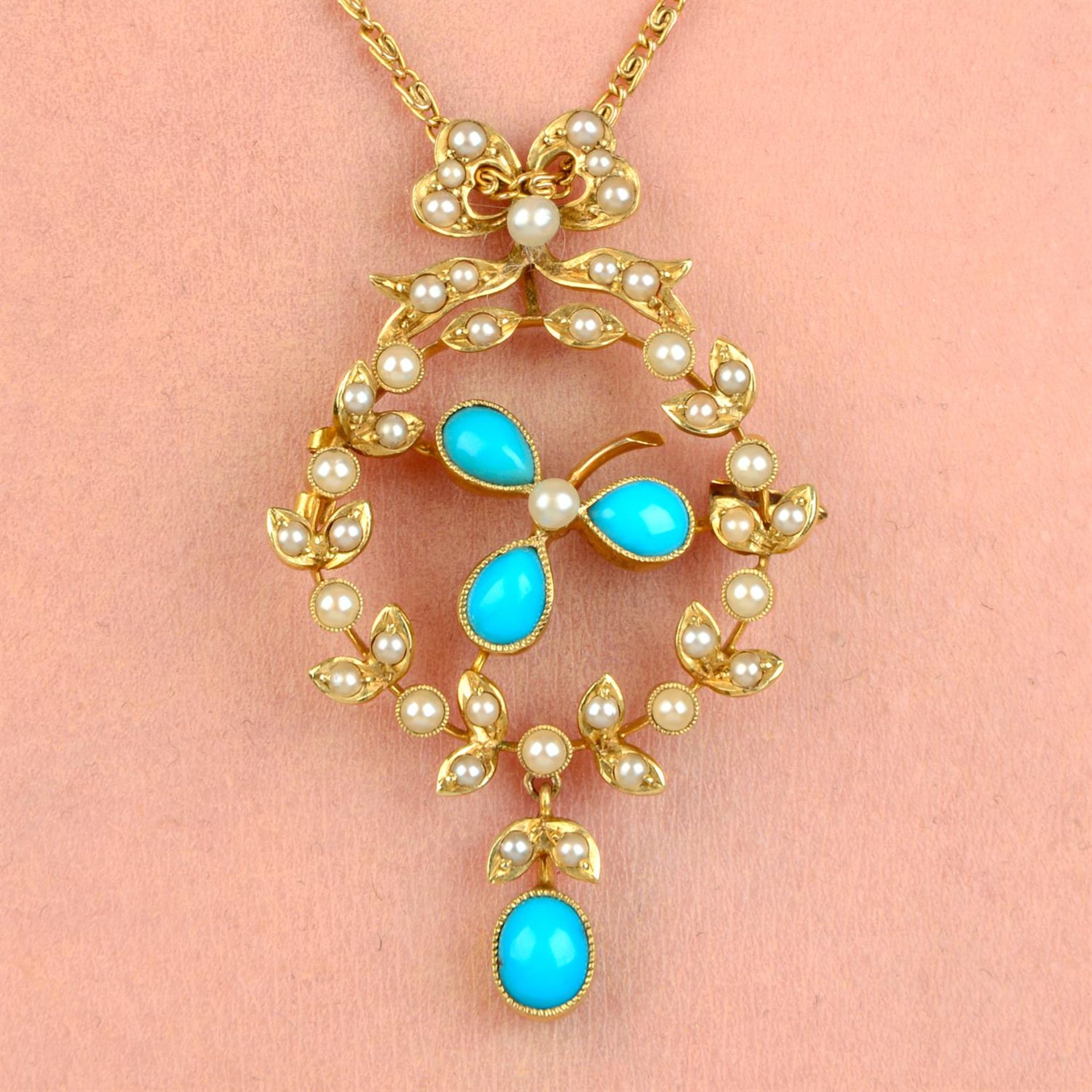 An early 20th century 15ct gold turquoise, split and seed pearl floral pendant, with 9ct gold