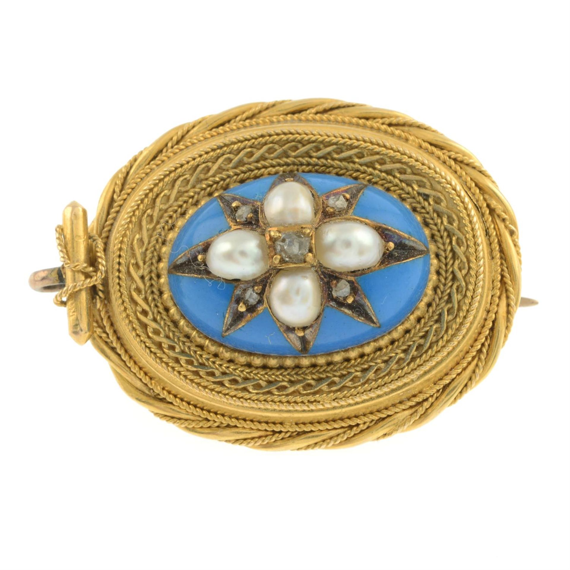 A mid Victorian gold rose and old-cut diamond, split pearl and blue enamel cannetille - Image 2 of 4