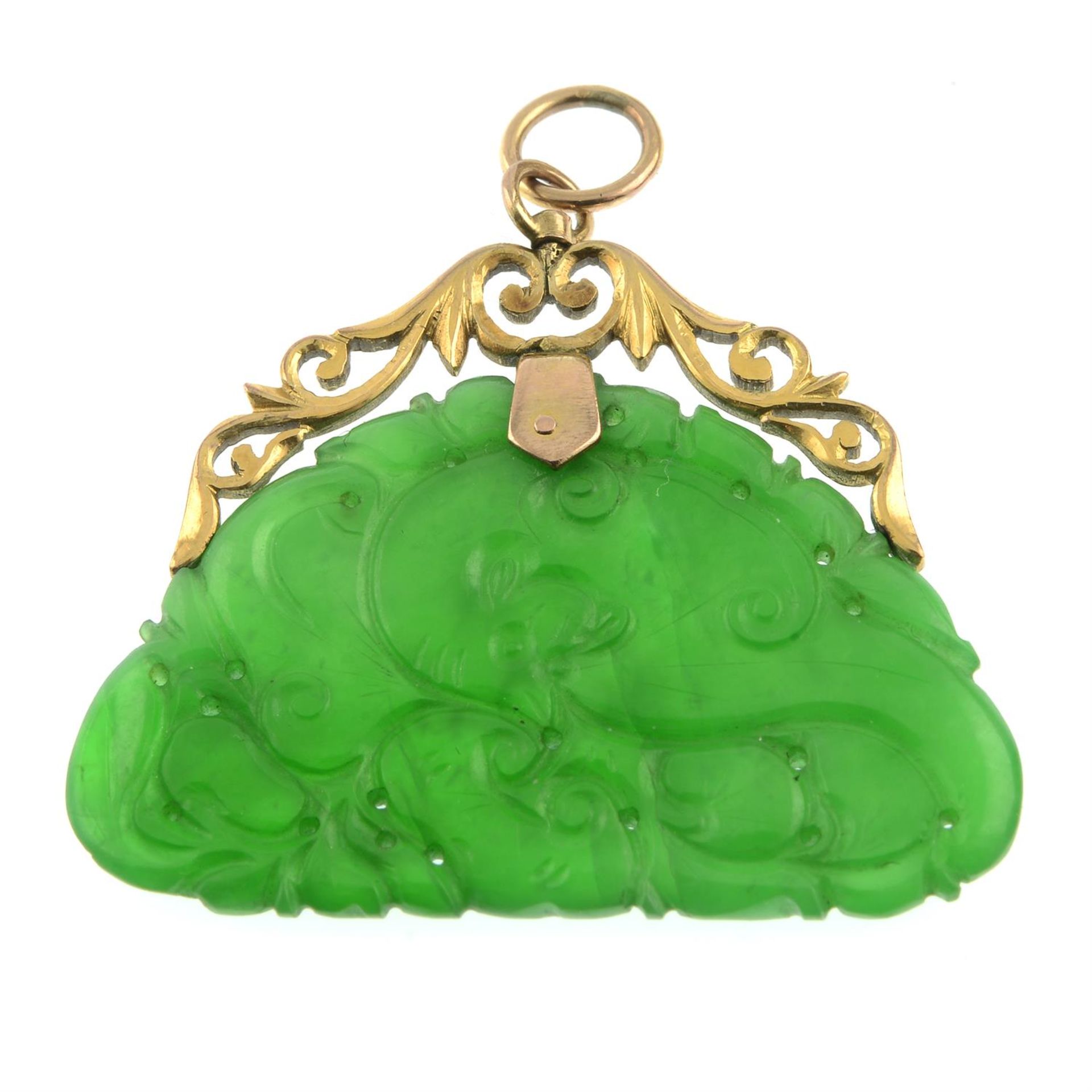 A carved and pierced A-type jadeite jade pendant, with scrolling foliate mount. - Image 2 of 4