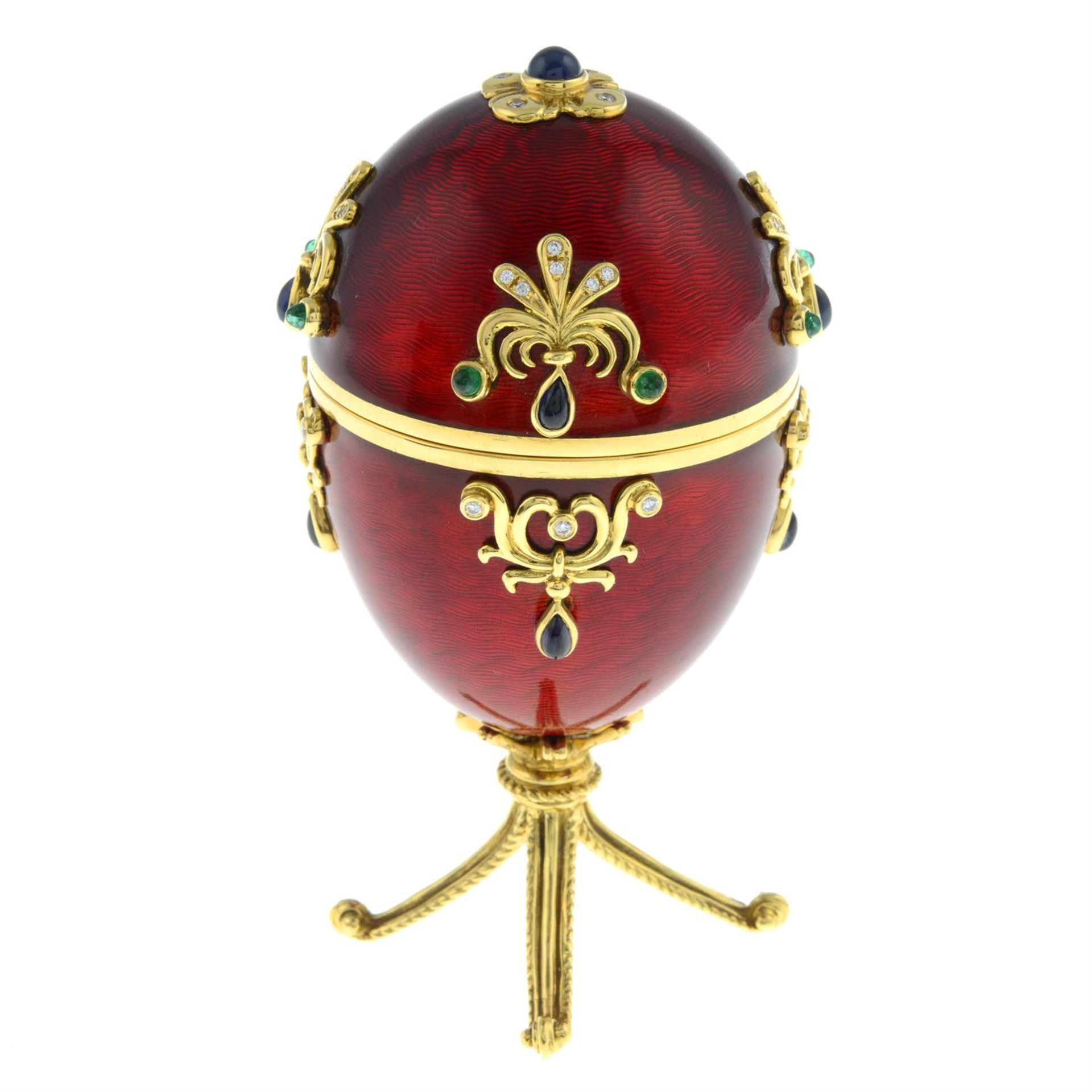 A limited edition red enamel and multi-gem egg sculpture, with hinged portrait interior, - Image 2 of 7