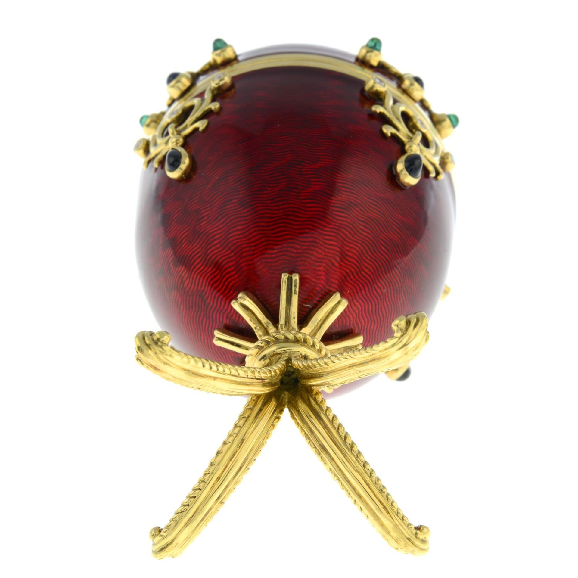 A limited edition red enamel and multi-gem egg sculpture, with hinged portrait interior, - Image 4 of 7