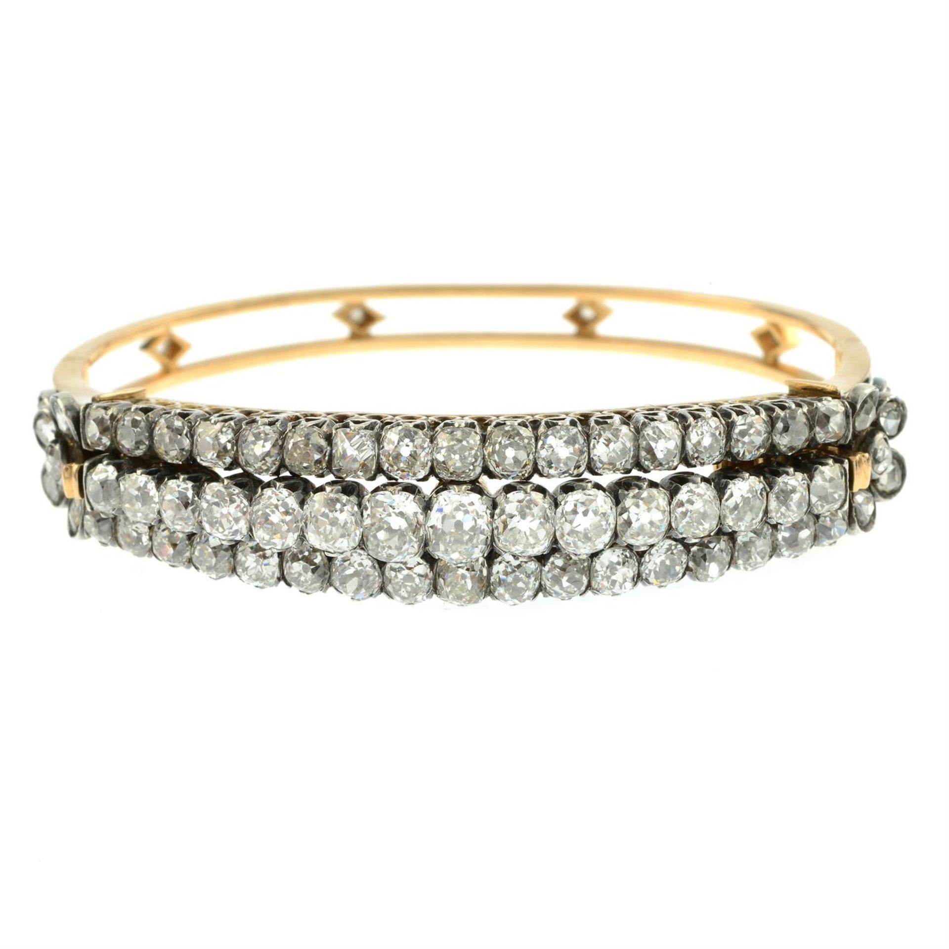 A late Victorian silver and 18ct gold old-cut diamond hinged bangle, may be worn as a brooch. - Image 2 of 3