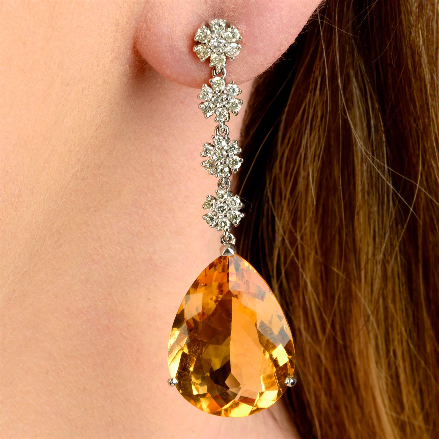 A pair of 18ct gold brilliant-cut diamond cluster line and citrine drop earrings.