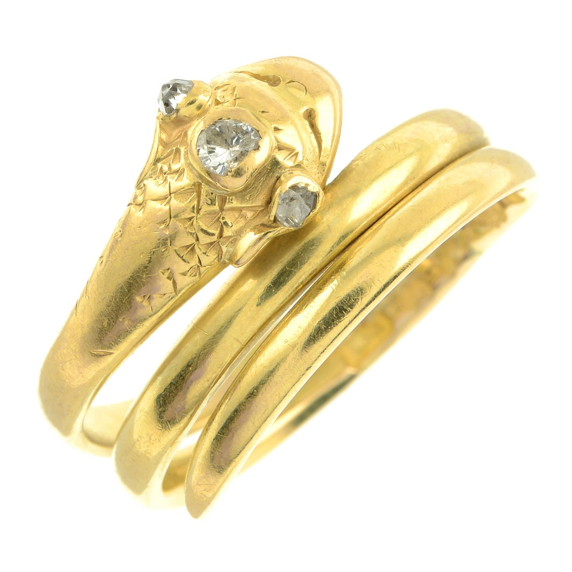 A mid Victorian 18ct gold snake ring, with diamond crest and eyes. - Image 2 of 5