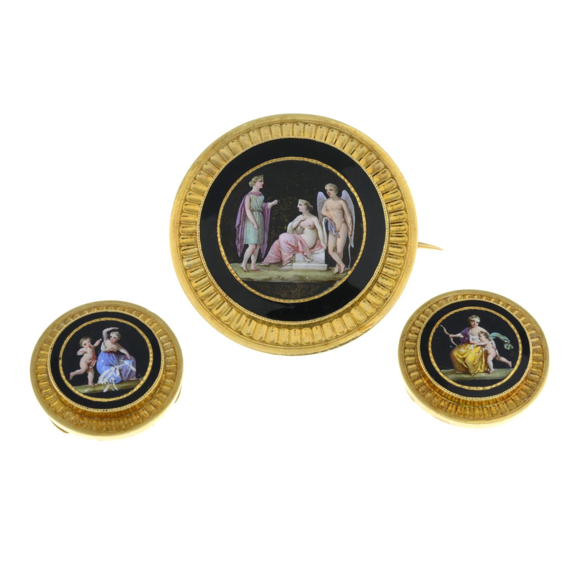 A late 19th century gold painted enamel classical scene brooch, with matching pair of studs. - Image 2 of 4
