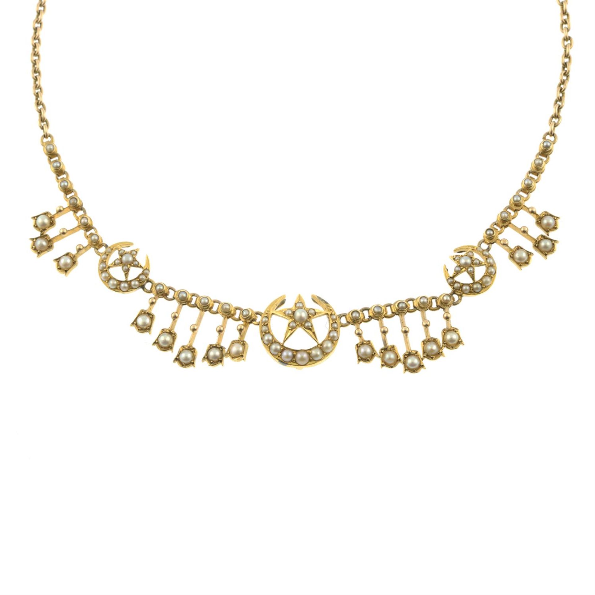 A late Victorian gold split pearl crescent moon and stars motif necklace. - Image 2 of 4