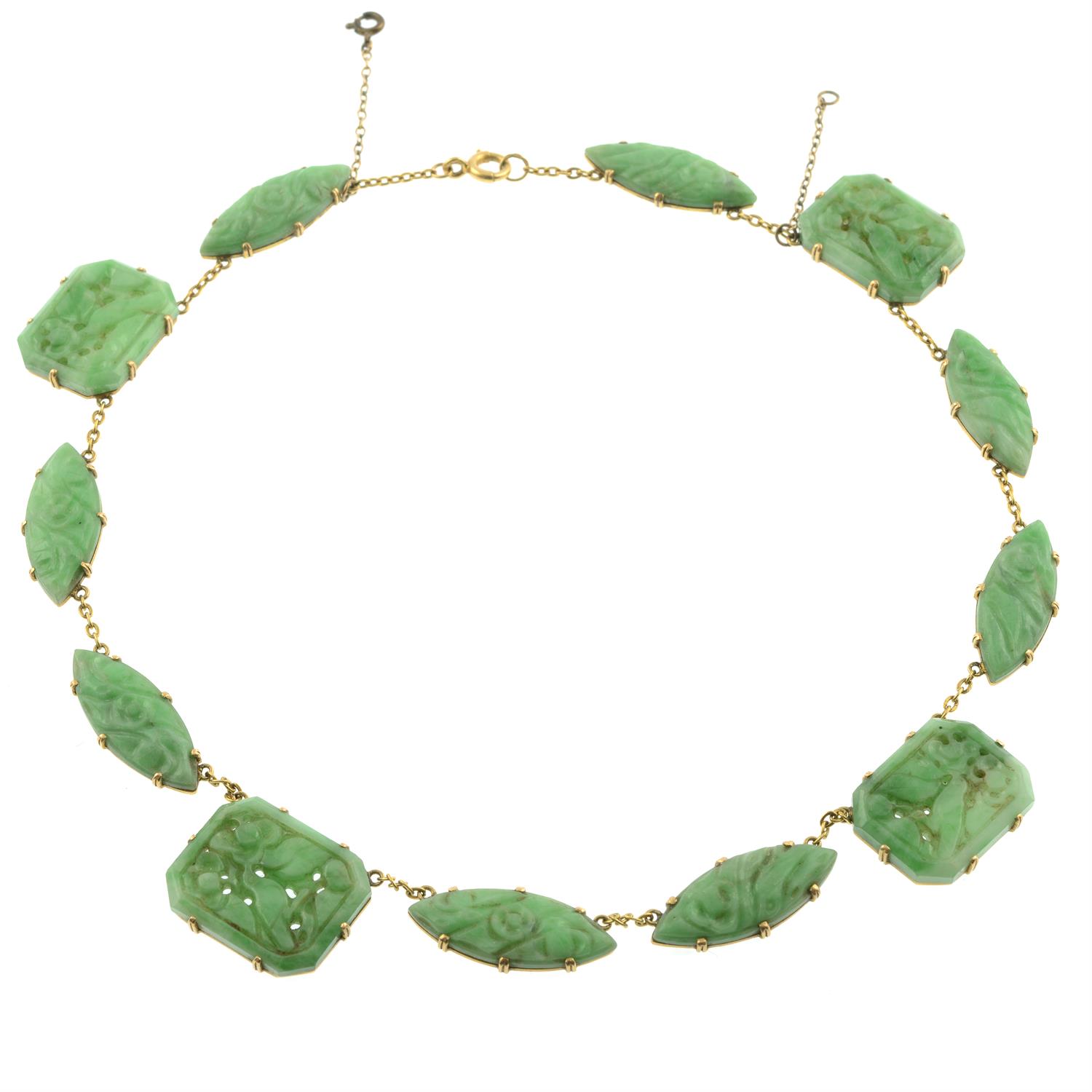 An Art Deco 18ct gold carved and pierced jadeite jade floral and bird motif necklace. - Image 2 of 3