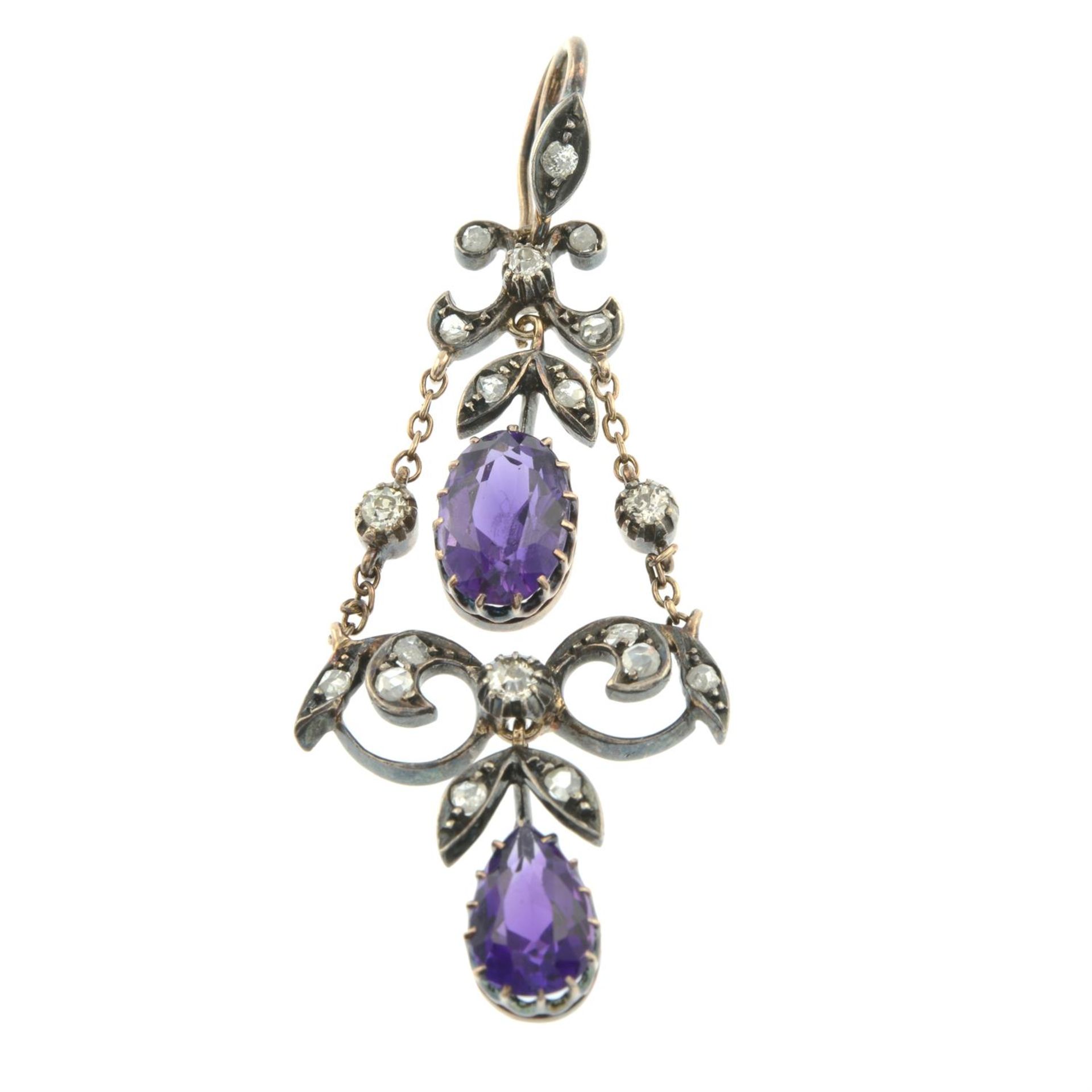 A late Victorian silver and gold, amethyst, old and rose-cut diamond lavalier pendant. - Image 2 of 4