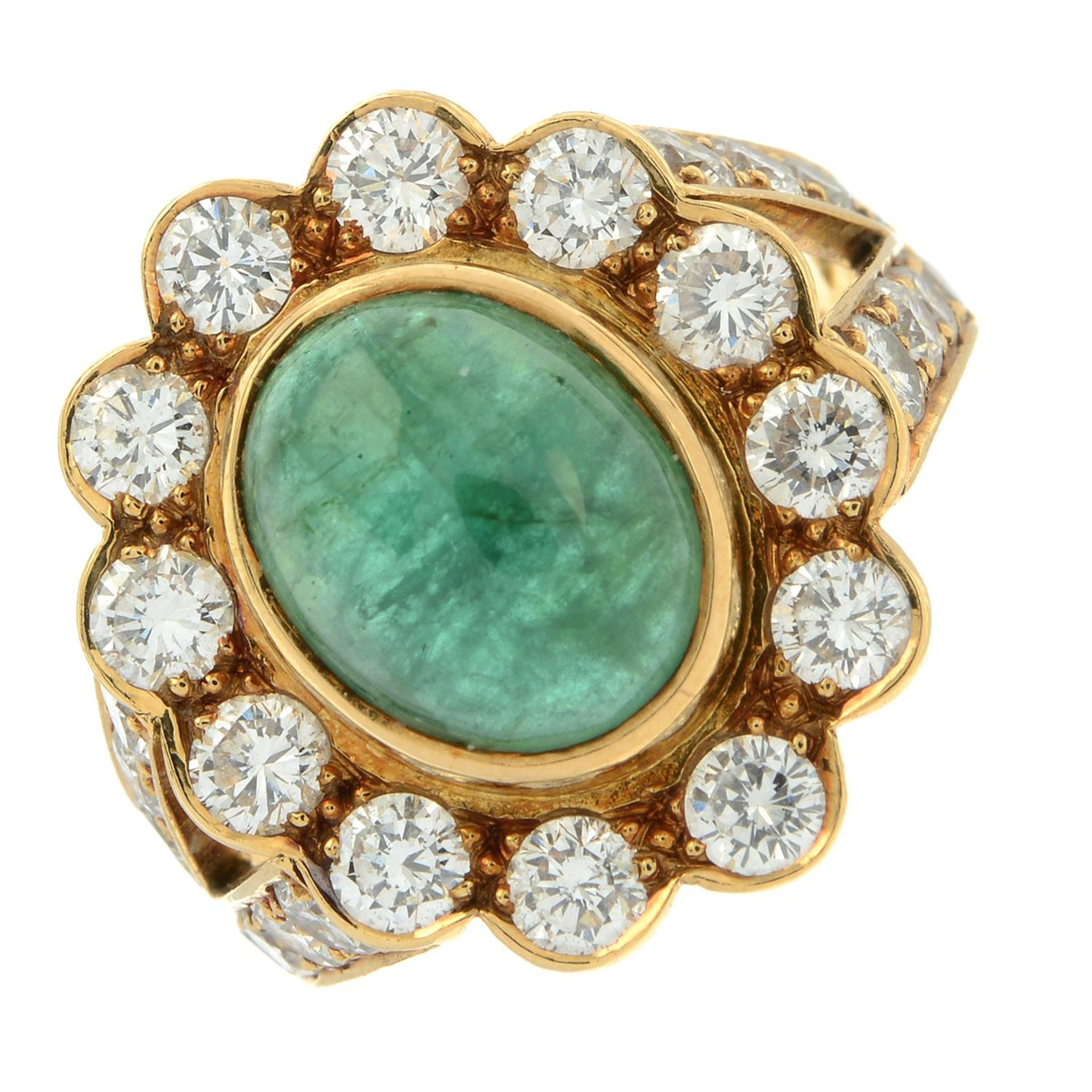 An 18ct gold emerald cabochon and brilliant-cut diamond cluster ring. - Image 2 of 5