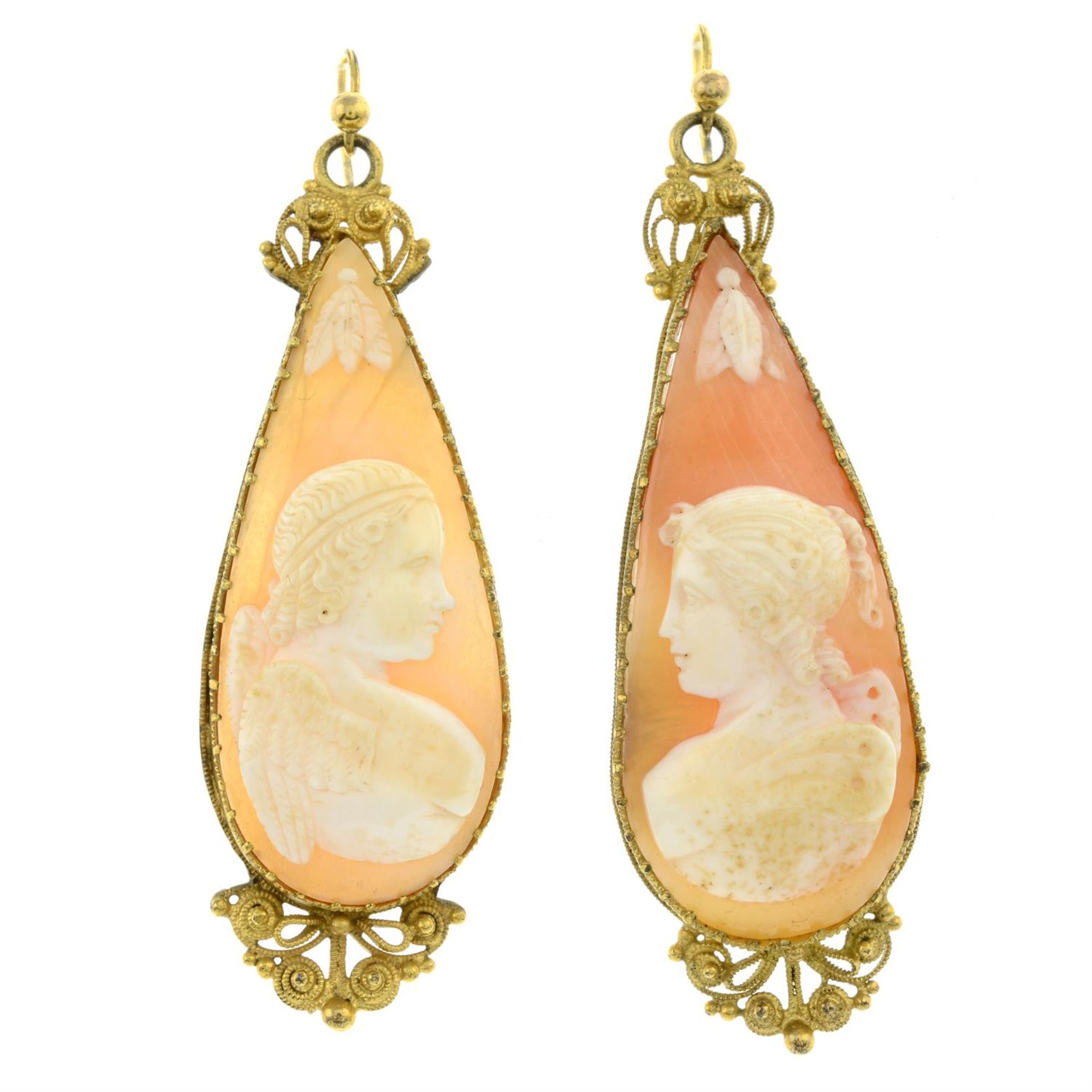 A pair of 19th century carved shell cameo earrings, depicting Psyche and Eros.