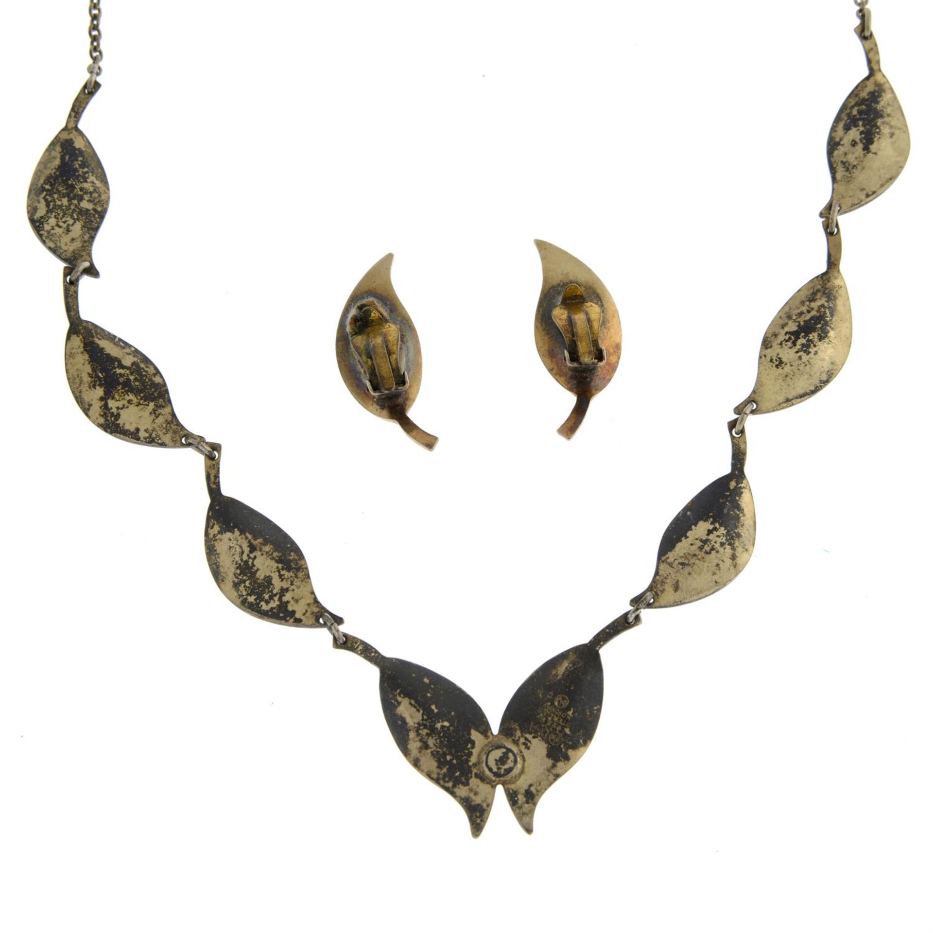 A mid 20th century Scandinavian silver and enamel leaf necklace and a pair of earrings, - Image 3 of 3