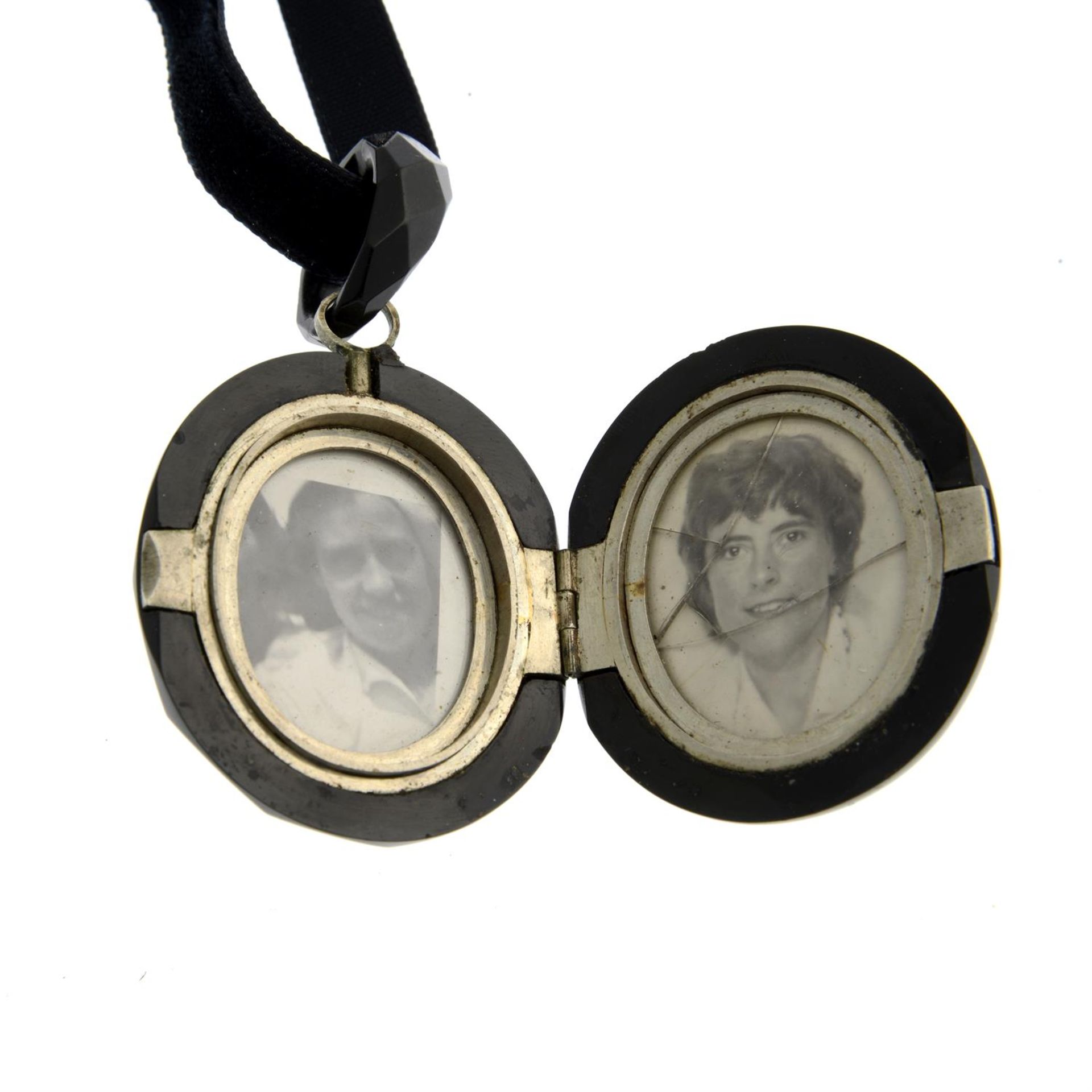 A late Victorian jet monogram locket pendant, suspended from a later velvet choker. - Image 4 of 4