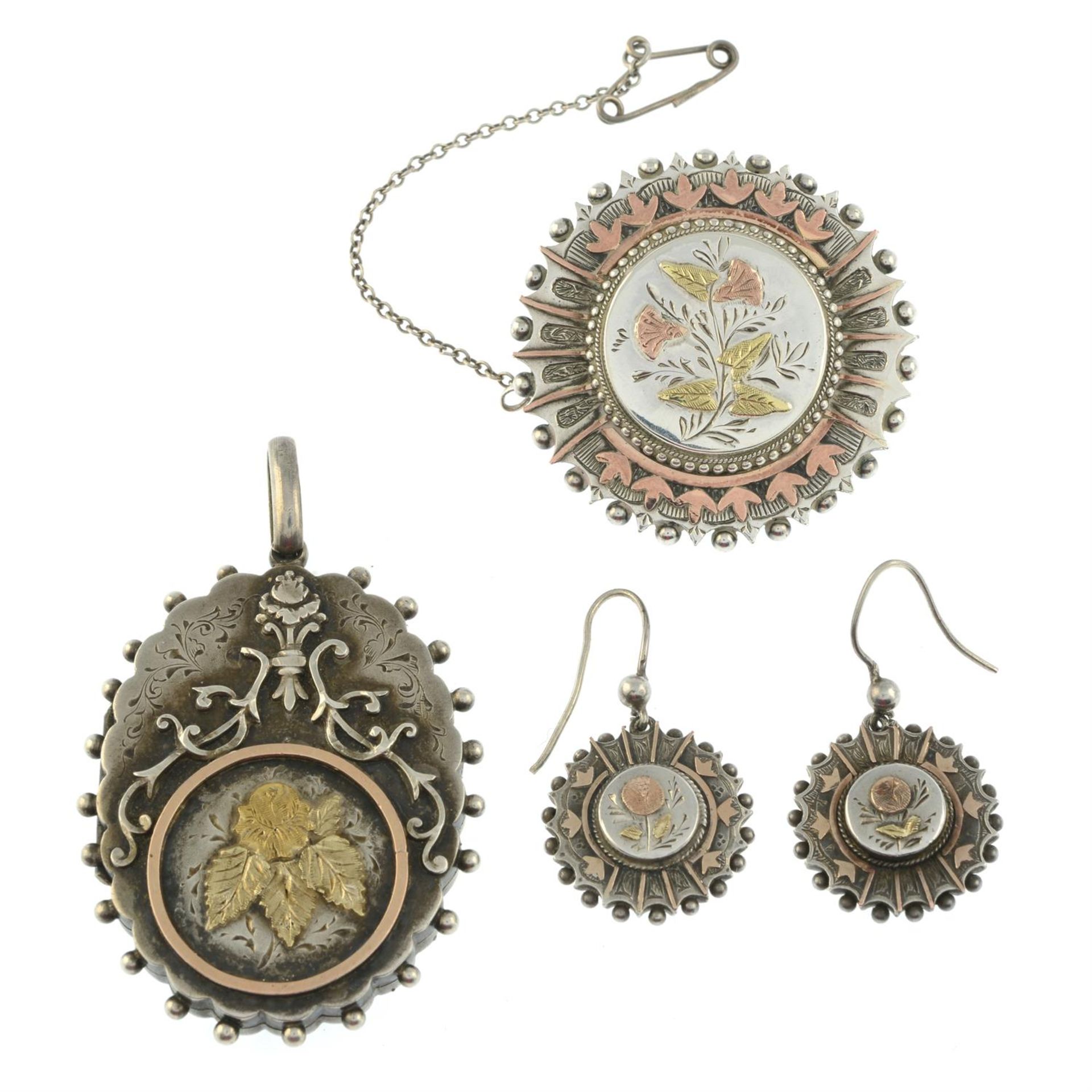 Three items of Victorian tri-colour jewellery, comprising a brooch, a pendant and a pair of