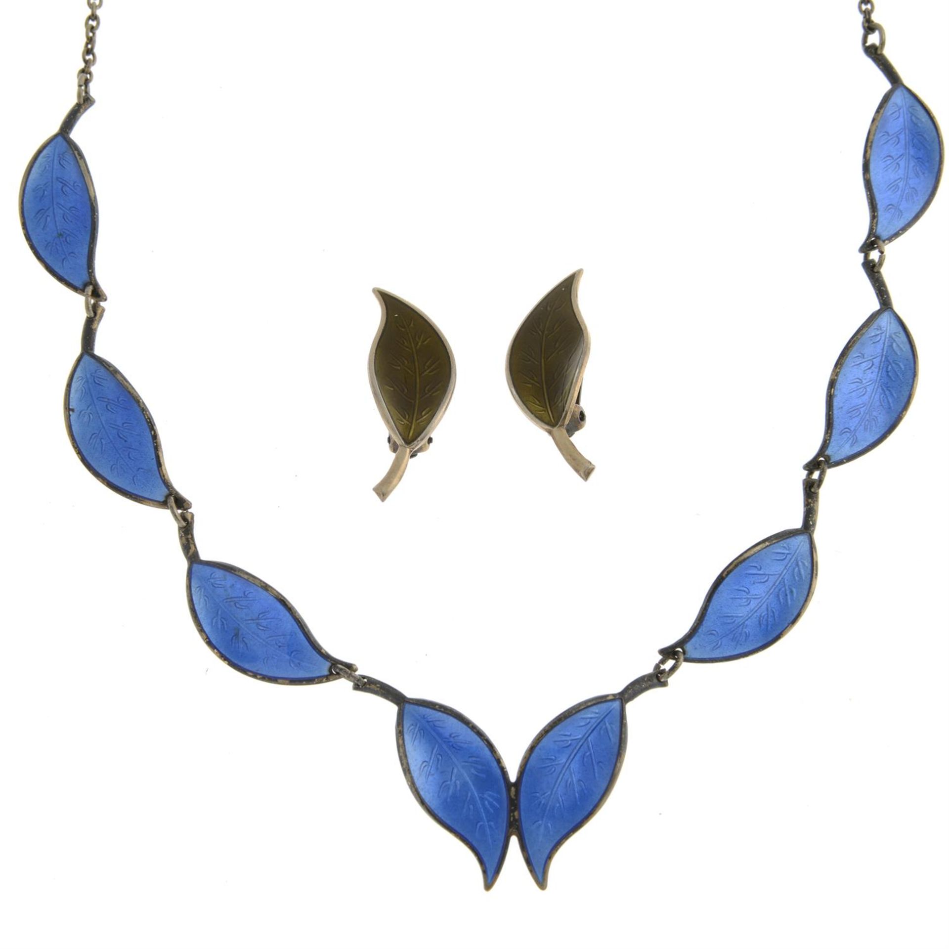 A mid 20th century Scandinavian silver and enamel leaf necklace and a pair of earrings,