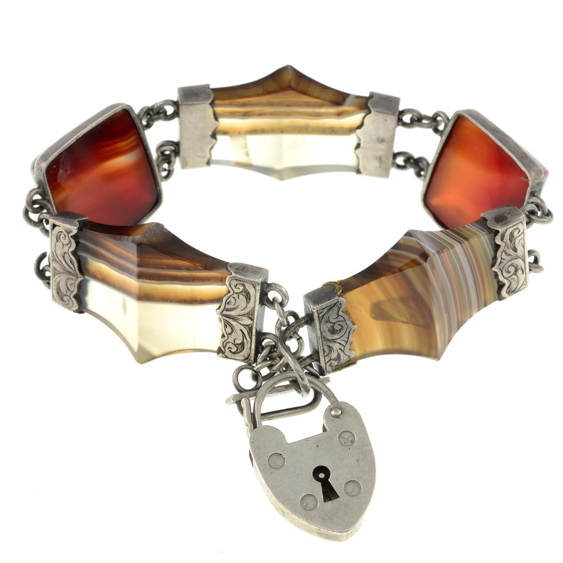 A Victorian Scottish agate bracelet, gathered at a padlock clasp.