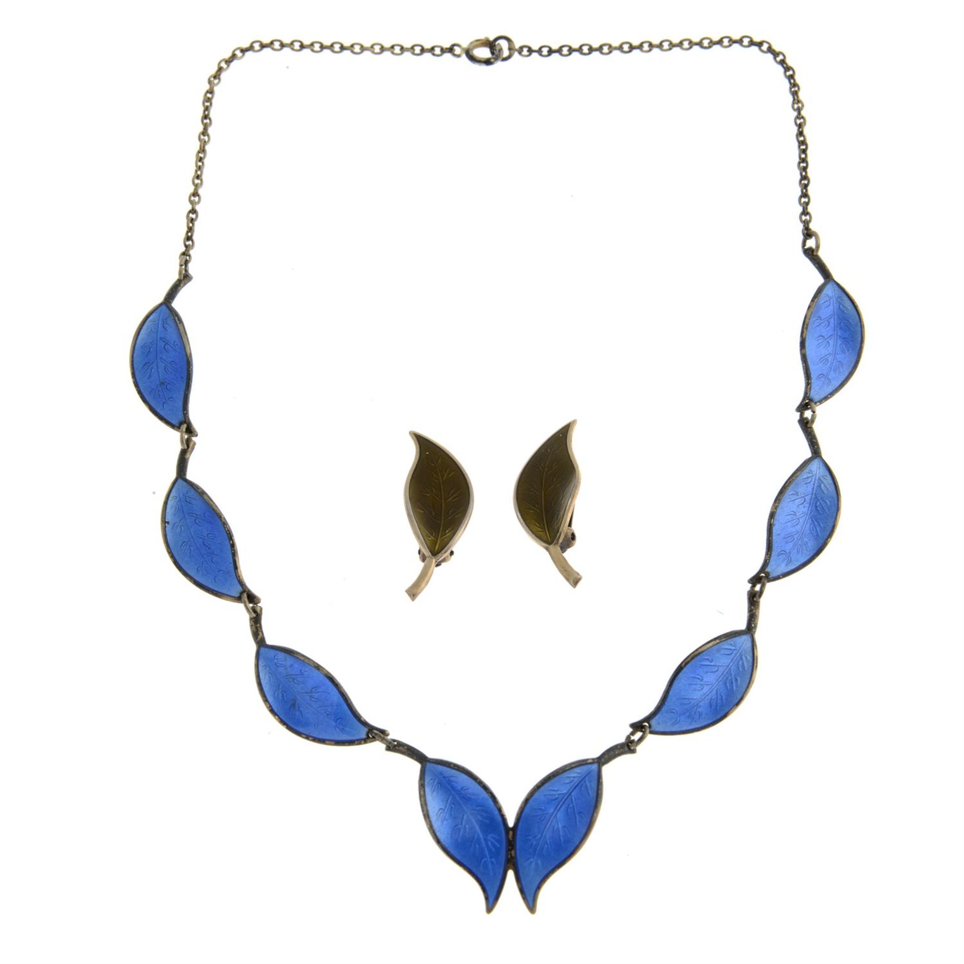 A mid 20th century Scandinavian silver and enamel leaf necklace and a pair of earrings, - Image 2 of 3