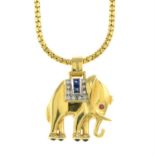 A diamond, sapphire and ruby-set pendant, in the form of an elephant, with fancy-link chain.