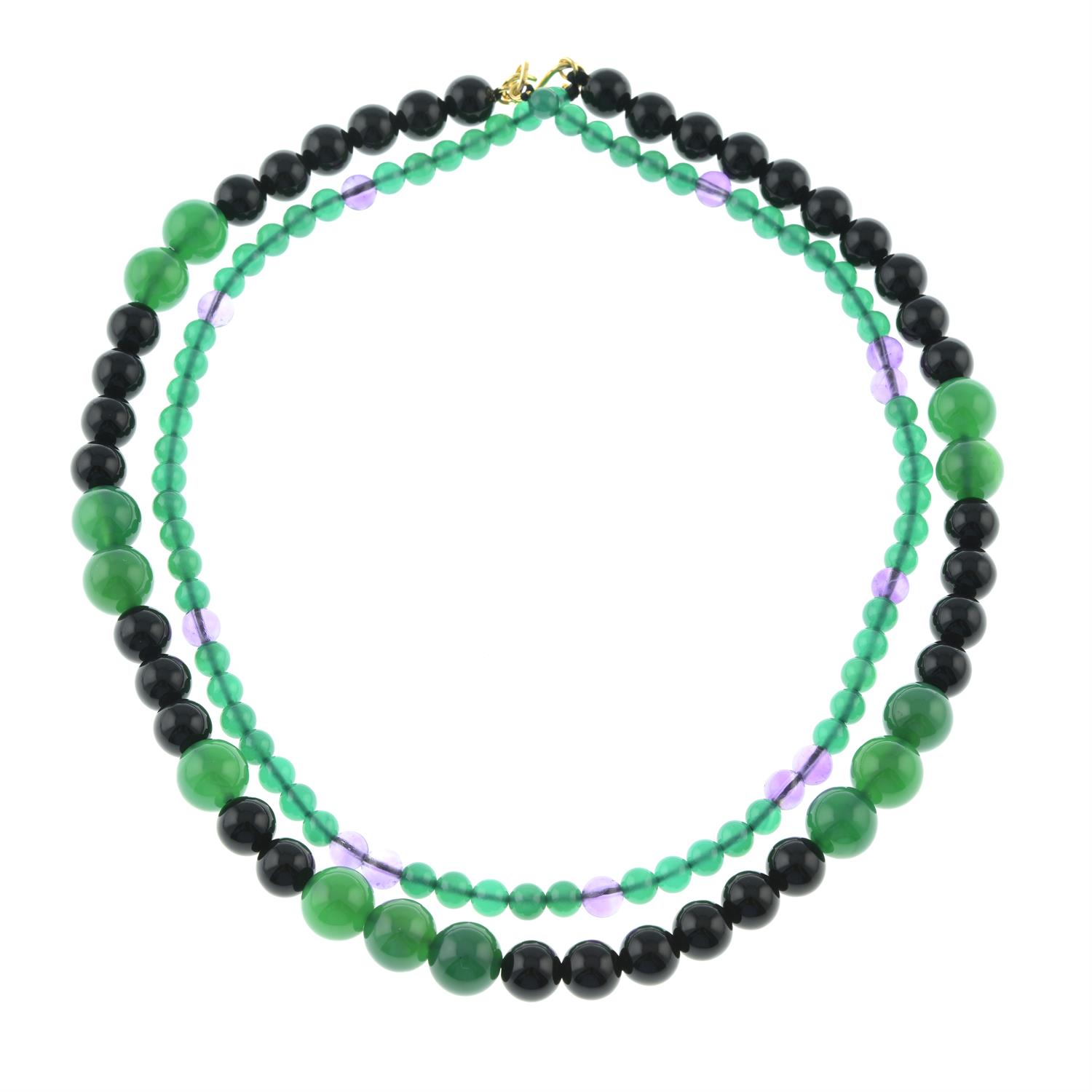 An onyx, amethyst and dyed agate two-row necklace.