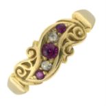 An 18ct gold ruby and old-cut diamond five-stone ring.