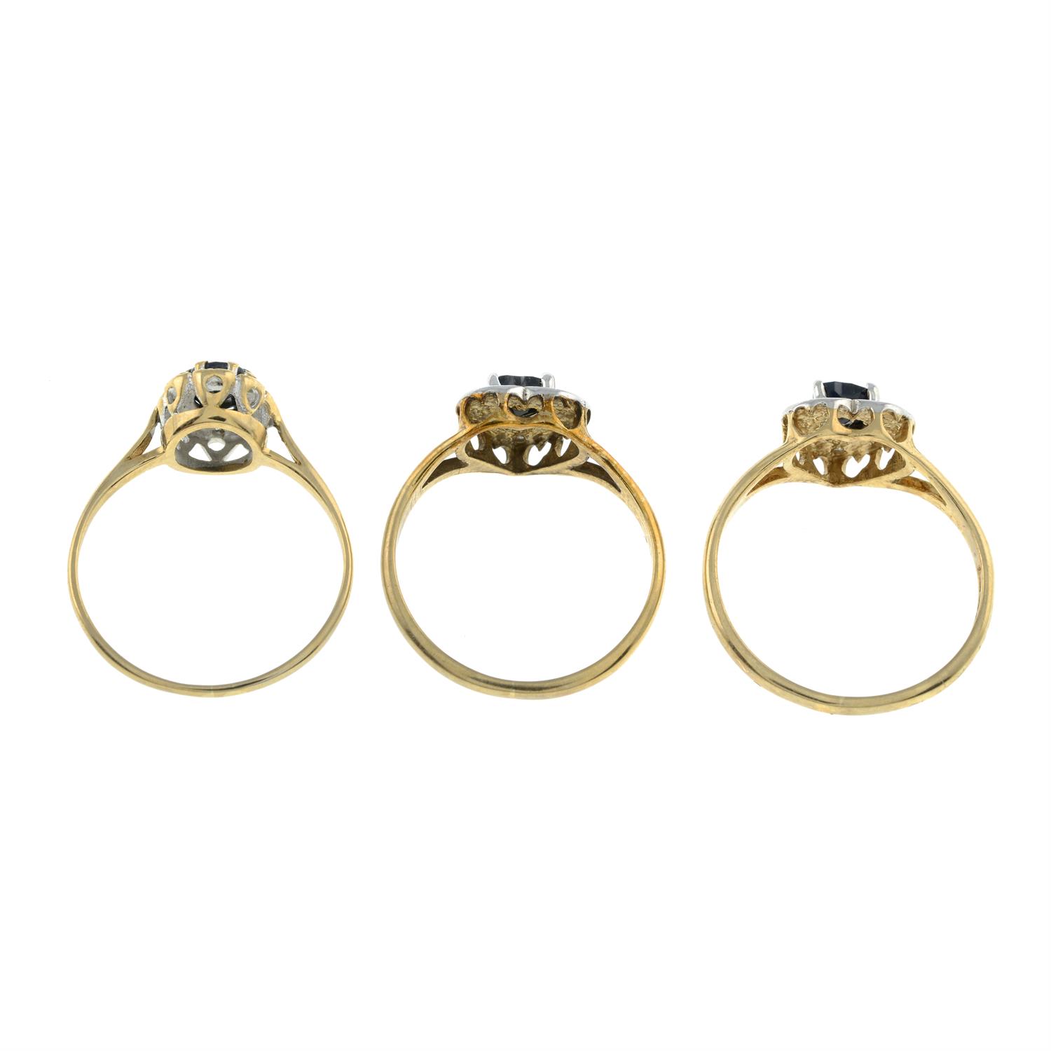 Three 9ct gold sapphire and diamond rings. - Image 2 of 2