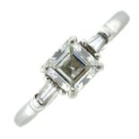 A square-shape diamond single-stone ring, with tapered baguette-cut diamond sides, by Graff.