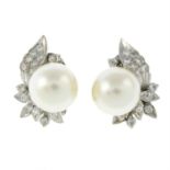 A pair of cultured pearl and brilliant-cut diamond foliate clip-on earrings.