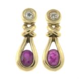 A pair of 9ct gold ruby and single-cut diamond drop earrings.