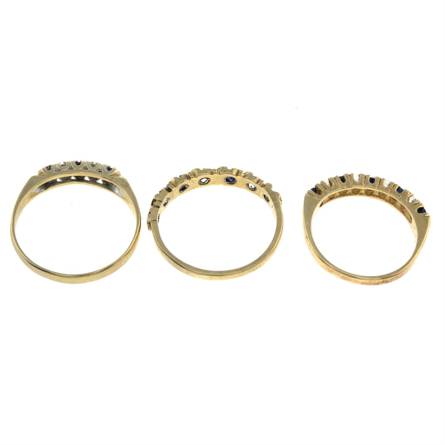 Three 9ct gold sapphire and cubic zirconia half-eternity rings. - Image 2 of 2