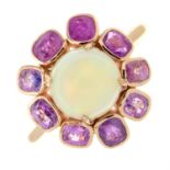 An opal and pink sapphire floral dress ring.