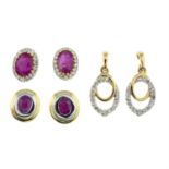 Three pairs of 9 carat gold gem set earrings.