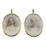 A pair of 9ct gold early 20th century ivory portrait miniatures, depicting a young girl and boy.